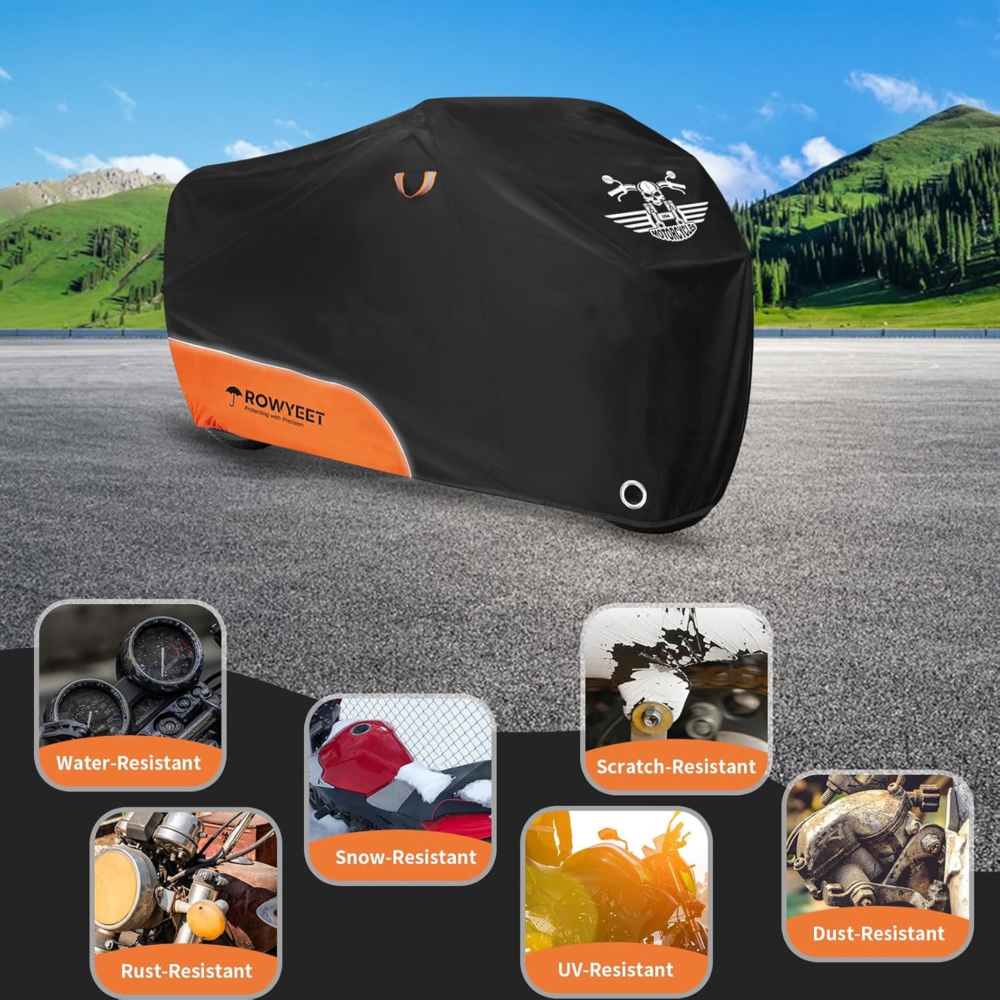 Motorcycle Cover Waterproof Outdoor Storage with Lock-Holes, Zipper Storage Bag & Night Reflective Design, All Season Protection Powersports Vehicle Covers Fits up to 96.5" Motorcycles