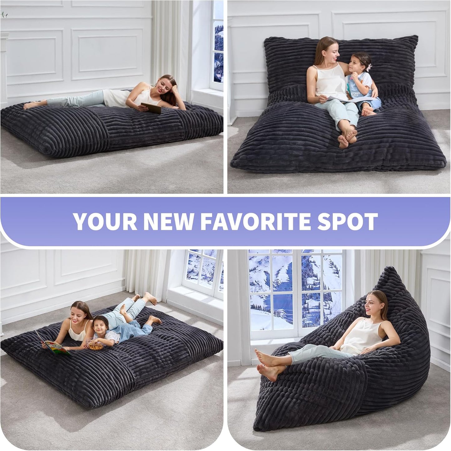 Hobestluk 3 in 1 Bean Bag Chair Giant Bean Bag Chairs Convertible Bean Bag Floor Cushion with Machine Washable Cover, Beanbag Chairs for Adult (Dark Grey)