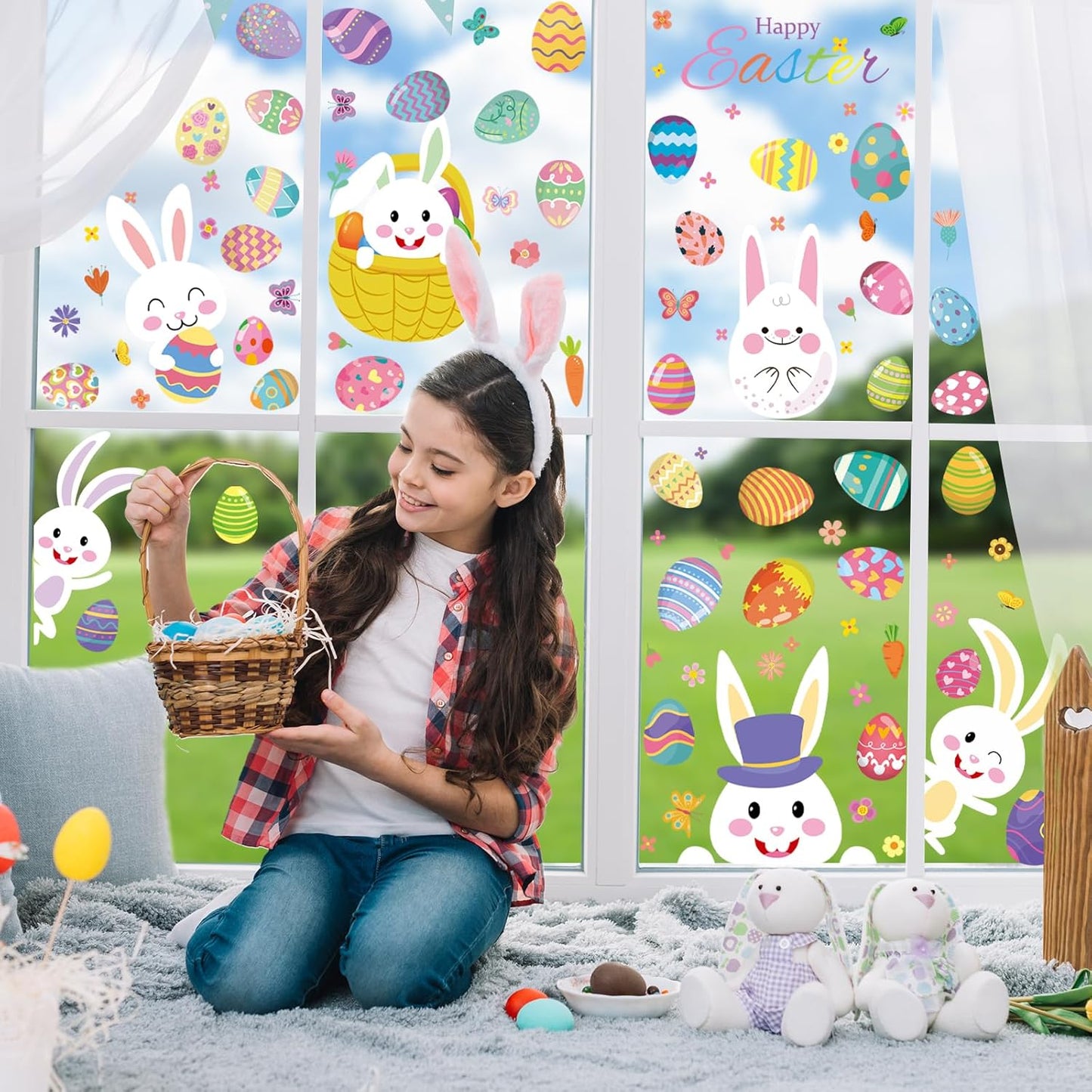DC-BEAUTIFUL 184 PCS Easter Window Clings, 9 Sheets Double Sided Bunny Egg Easter Decoration Window Stickers, Reusable Static Holiday Window Decals for Home Office School Shop Spring Party Decors
