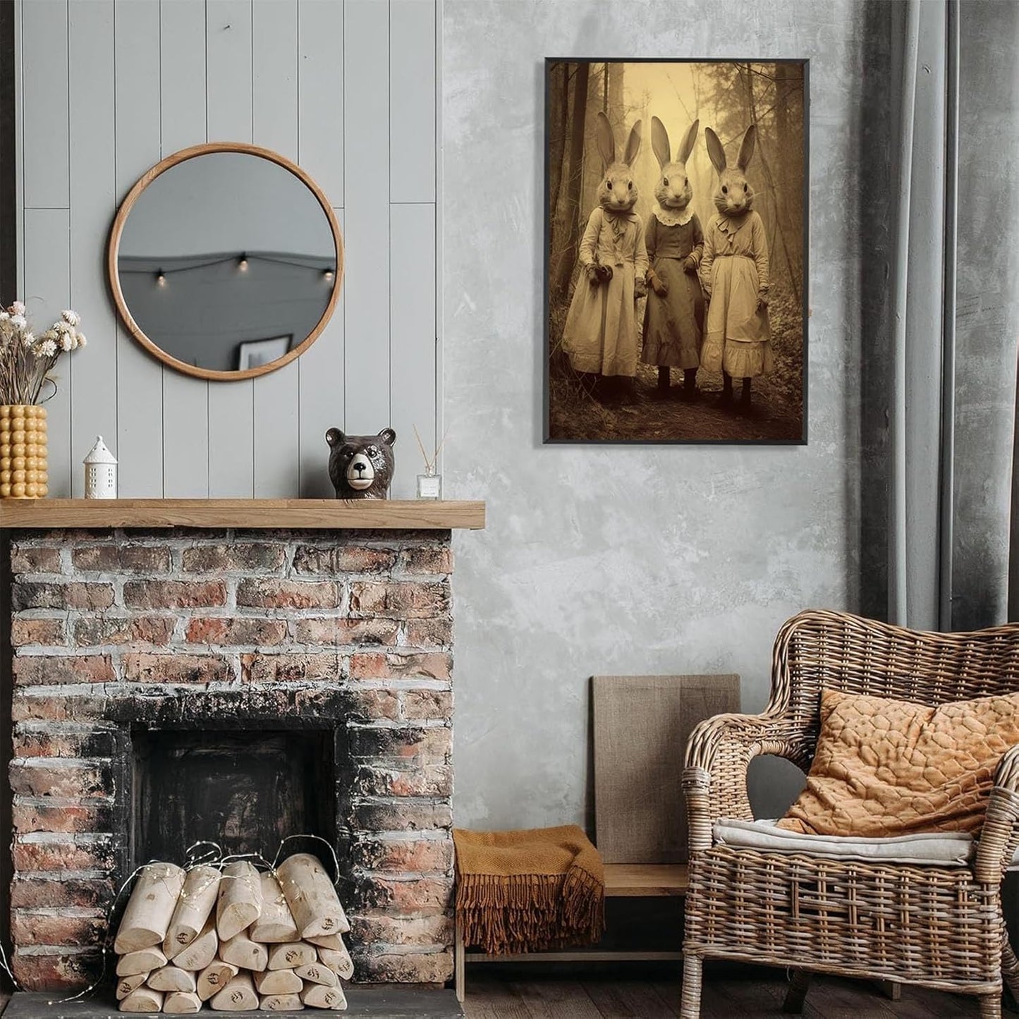 Vintage Horror Spooky Three Rabbits In Occult Forest Spooky Canvas Wall Art Poster Gothic Dark Academia Decorations Room Creepy Print Retro Halloween Wall Decor 12X16inch Aluminum Framed