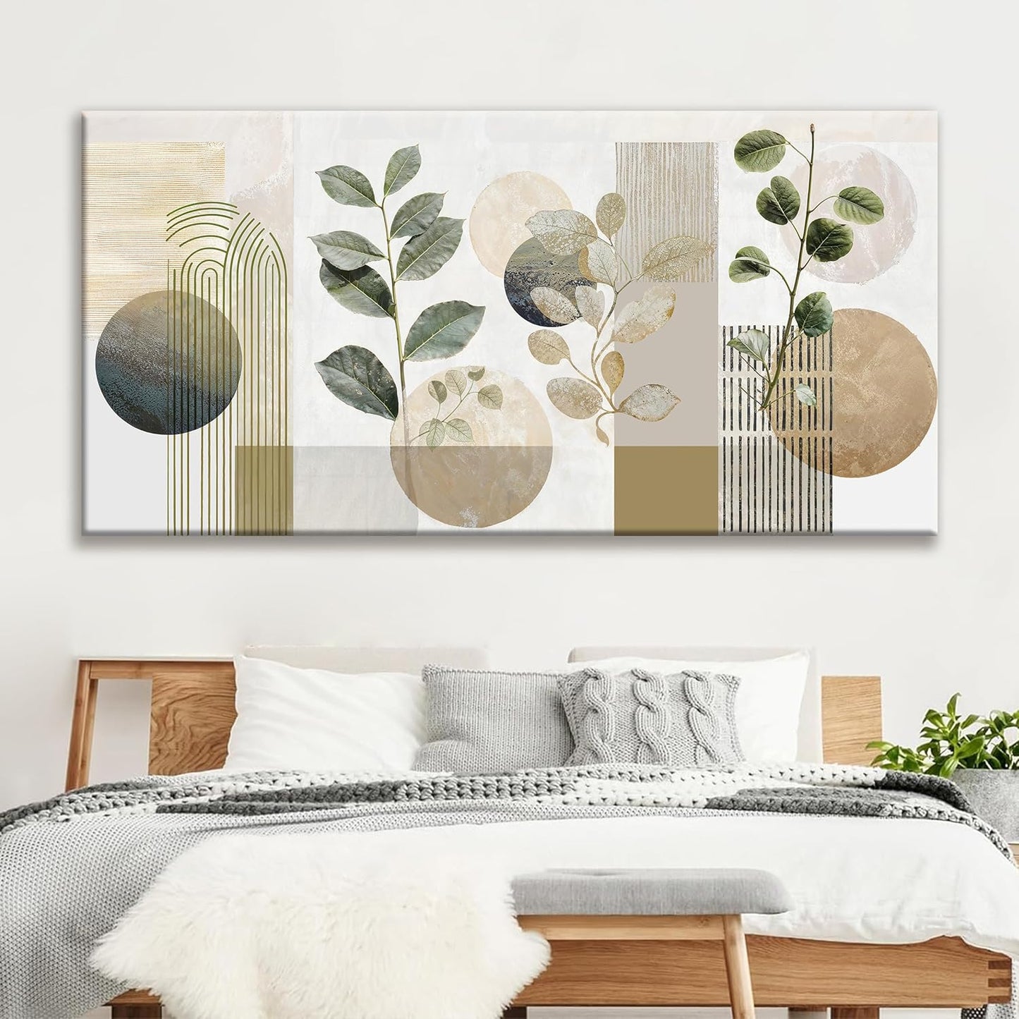 TAIJXAGSG Large Boho Green Wall Art For Living Room 29x58 In Green Botanical Boho Wall Art Modern Sage Bohemian Canvas Art Wall Decor Natural Abstract Geometry Lines Prints Picture Ready To Hang
