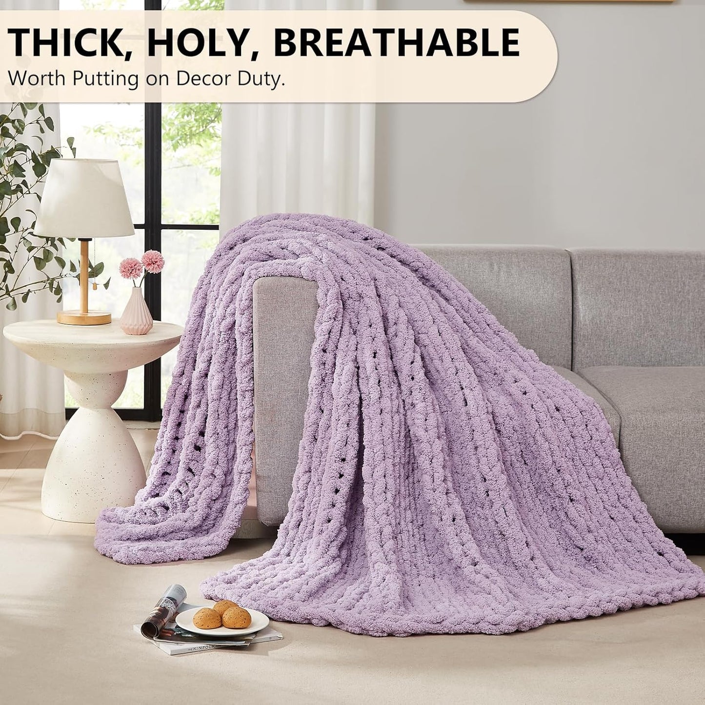 L Agusty Chunky Knit Blanket Throw: 72''x84'' Chenille Thick Knitted Throw Blanket for Bed, Couch - Handmade Large Purple Chunky Rope Blanket for Home Decor