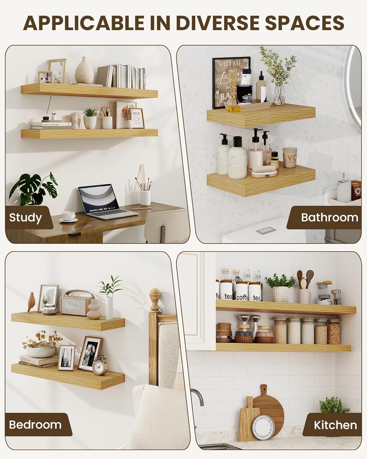 Marsmiles 6.7" Floating Shelves for Wall, Wooden Shelves with Invisible Brackets Set of 2, Rustic Farmhouse Wall Mounted Shelf for Kitchen Bathroom Living Room Study, Natural Oak