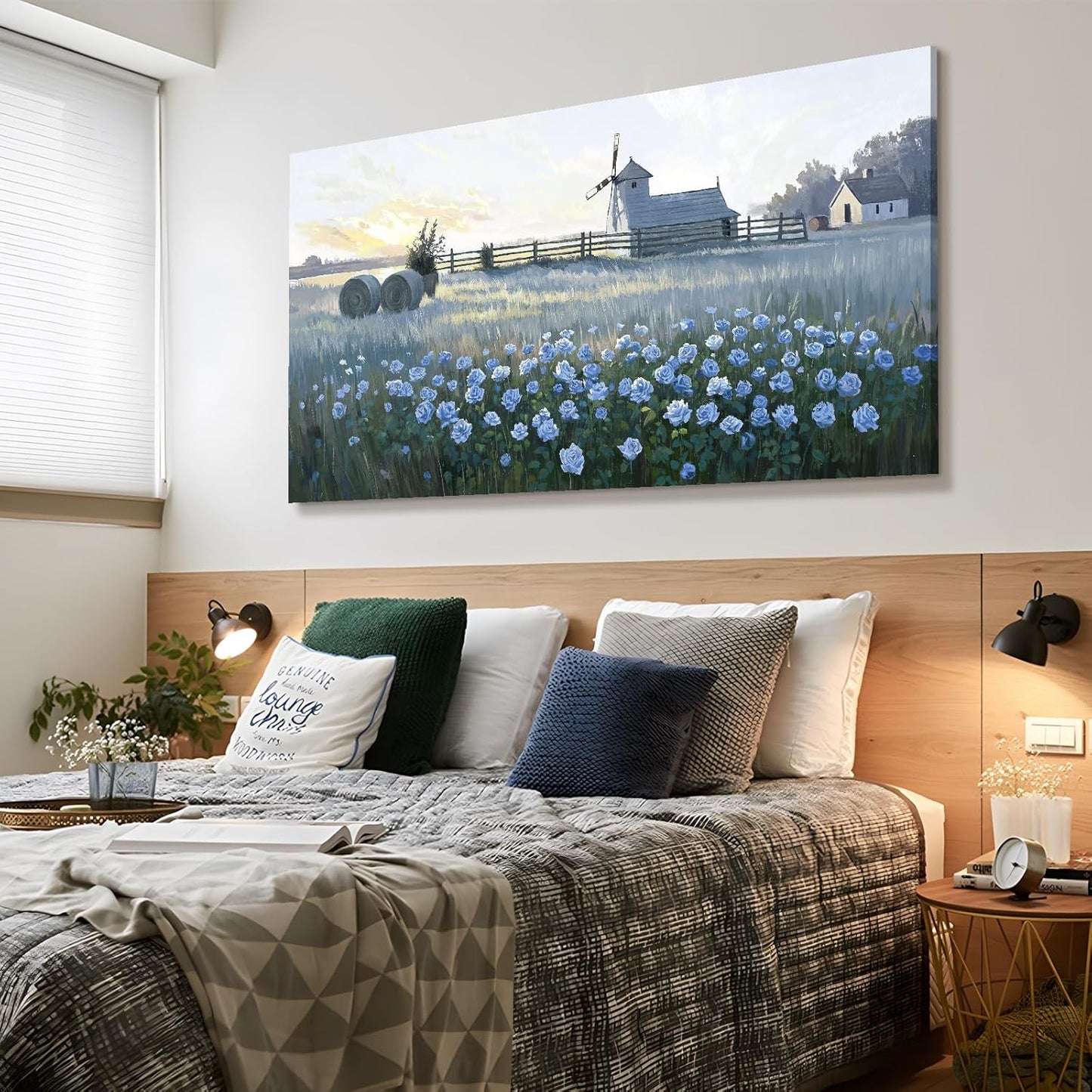 amatop Oversized Farmhouse Wall Art – Botanical Picture Flower Blue Rose & Windmill Countryside Scene Canvas Print, Large Floral Landscape Artwork Decor for Living Room Dining Room Hallway 58x29 Inch