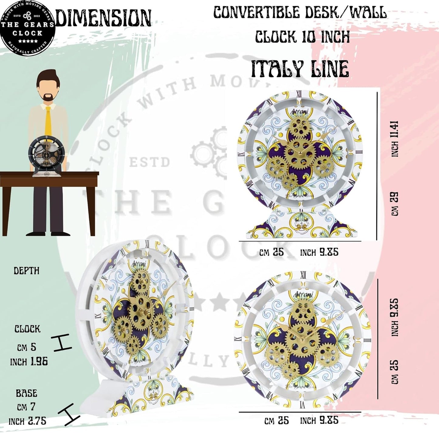 The Gears Clock Wall Clock Italy Collection with Moving Gears (Tramonti, 10 inch Round)