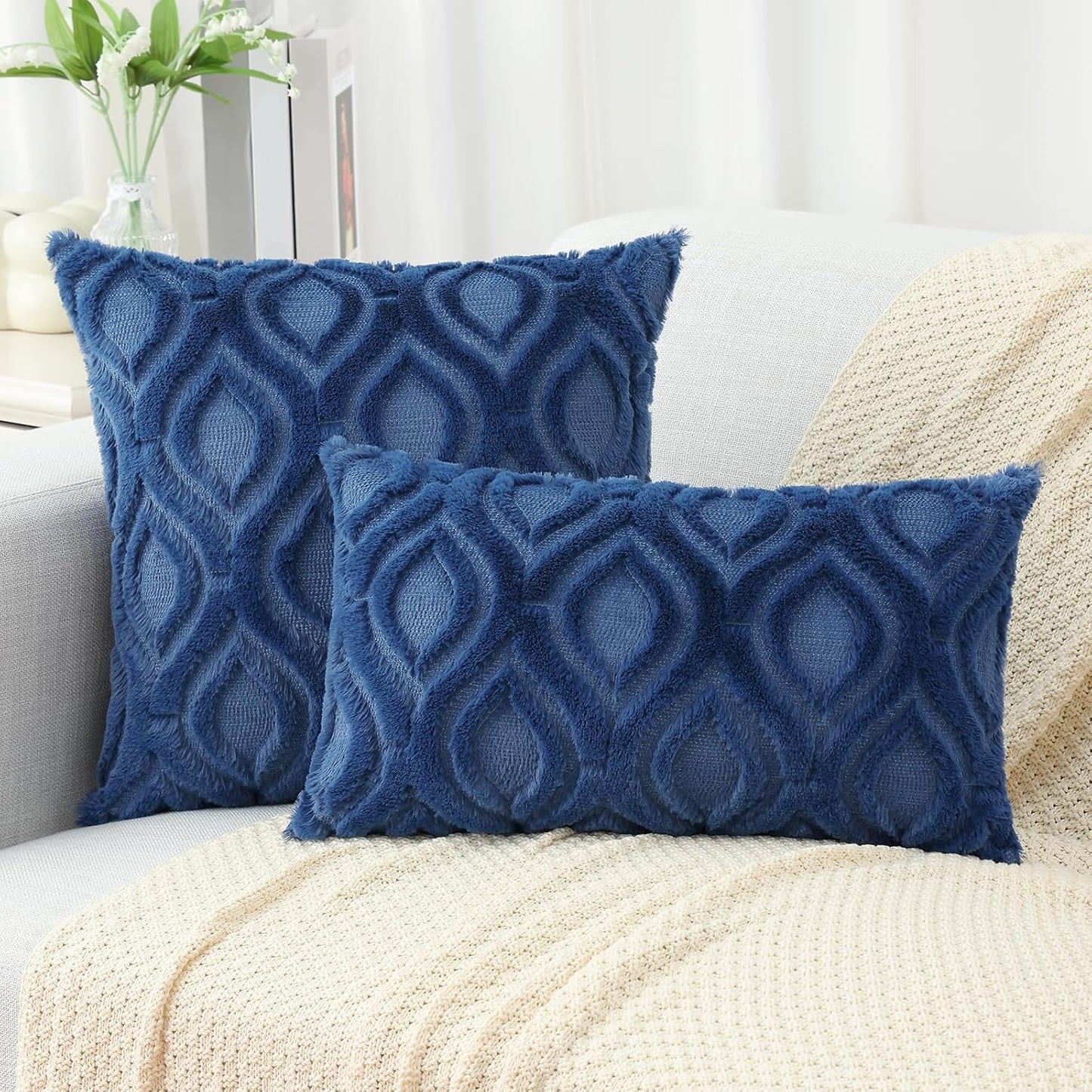 decorUhome Fall Throw Pillow Covers 24x24 Inch Set of 2, Soft Plush Decorative Faux Fur Dark Blue Solid Couch Pillow Covers, Accent Farmhouse Neutral Square Euro Pillow Cases for Sofa Bed Living Room