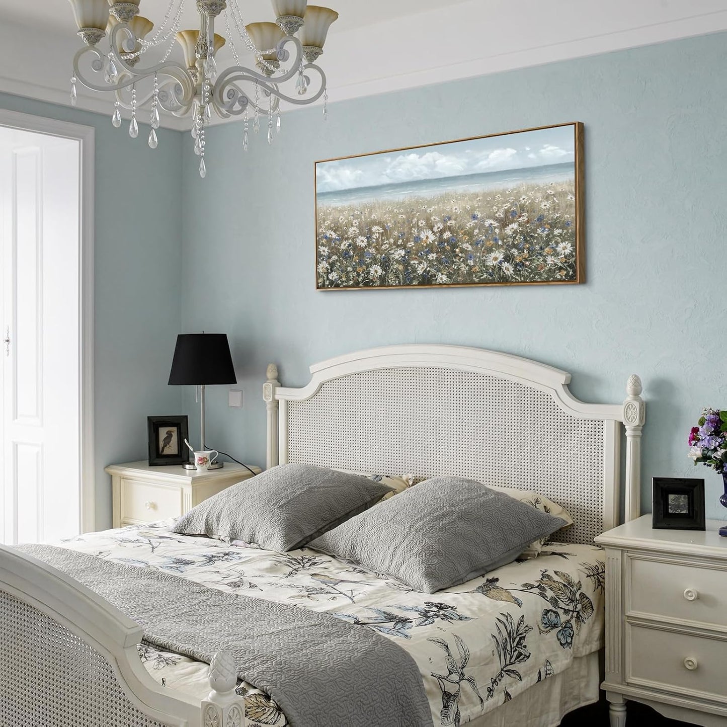 amatop Large Wall Art for Living Room Framed Boho Beach Coastal Floral Ocean Wall Picture Farmhouse Daisy Flower Sea Canvas Print Nautical Neutral Vintage Warm Artwork Home Bedroom Office Decor 48x24