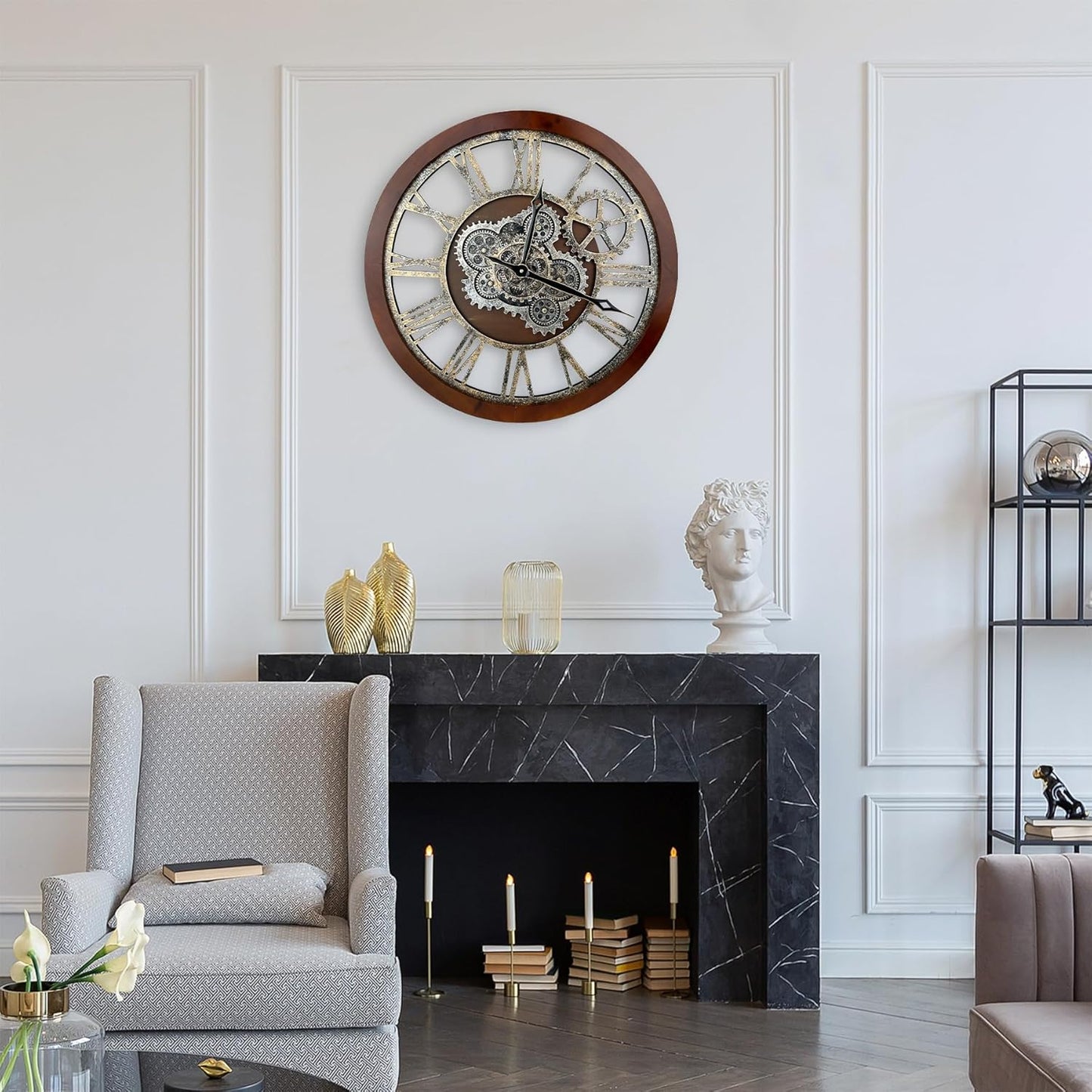 HOIBAI Large Wall Clock, 24 Inch Wall Clocks for Living Room Decor Farmhouse Vintage Rustic Kitchen Wall Decor Vintage Roman Big Oversized Wall Clock for Home Bedroom House Office, Moving Gears Clock