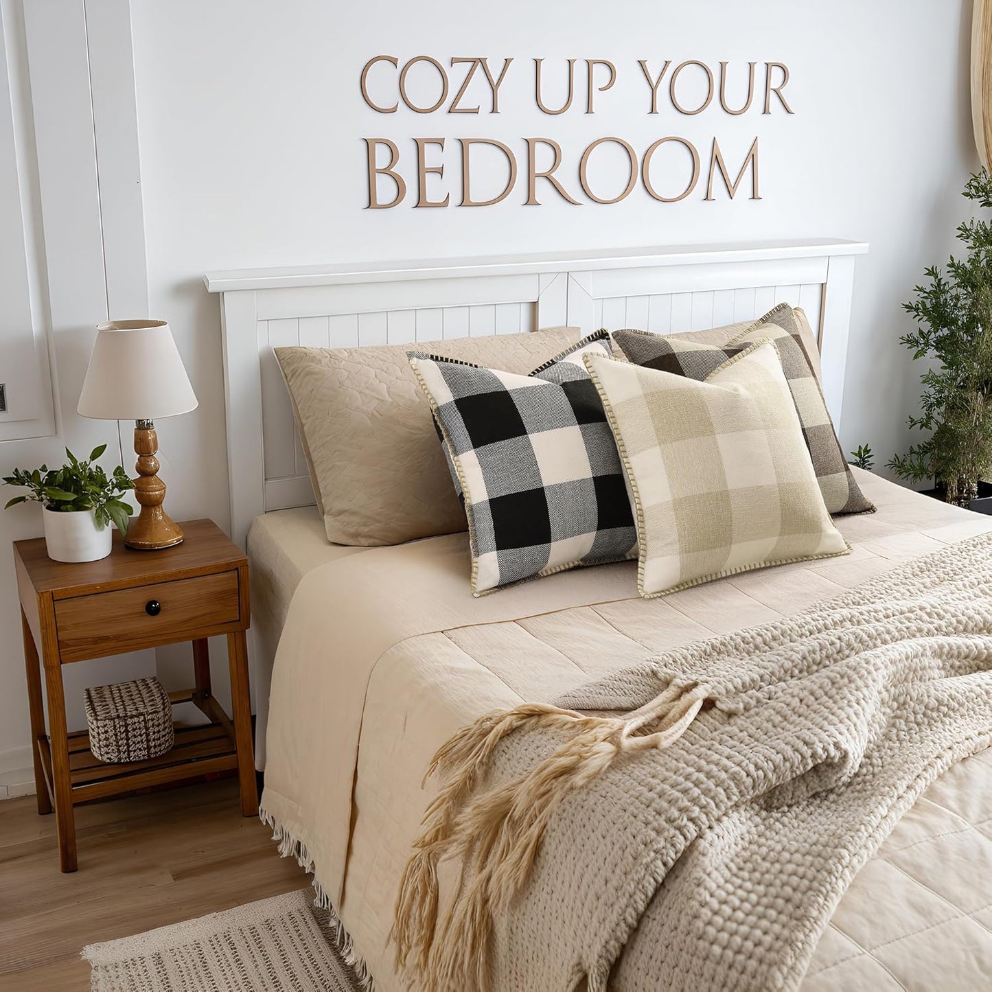 decorUhome Buffalo Plaid Check Throw Pillow Covers 16x16 Set of 2, Outdoor Decorative Farmhouse Neutral Pillow Covers with Stitched Edge for Bed Couch Sofa, Black and White