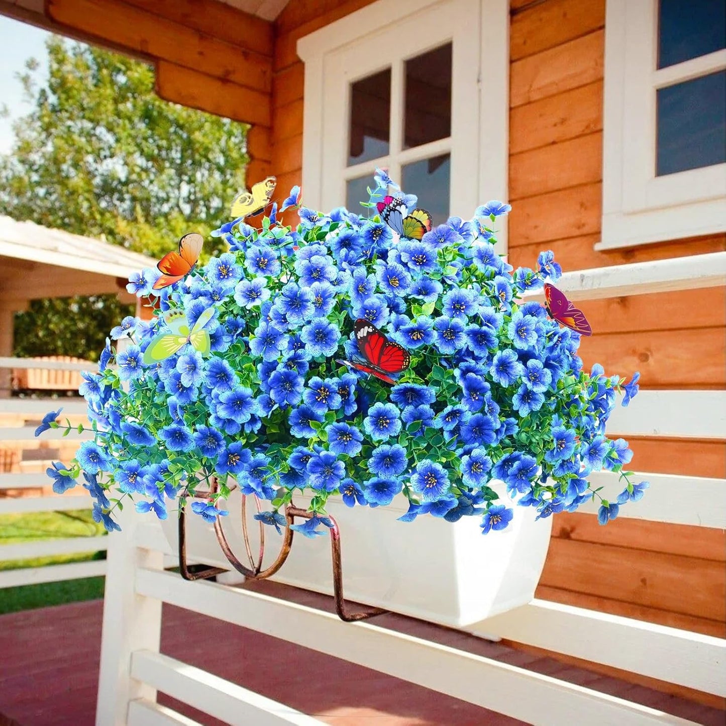 20 Bundles Artificial Flowers for Outdoors with 6 Faux Butterflies, UV Resistant Fake Flowers with Eucalyptus Leaves, Artificial Plants Outdoor for Patio Garden Porch Home Decor (Blue)