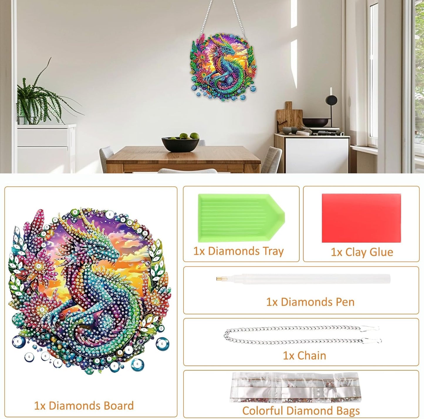 SENQAO Dragon Diamond Art Hanging Kit for Adult, Special Shaped Rhinestone, Double Sided DIY Acrylic Diamond Art Painting Window Pendants Home Garden Wall Hanging Kits Hanging Ornament