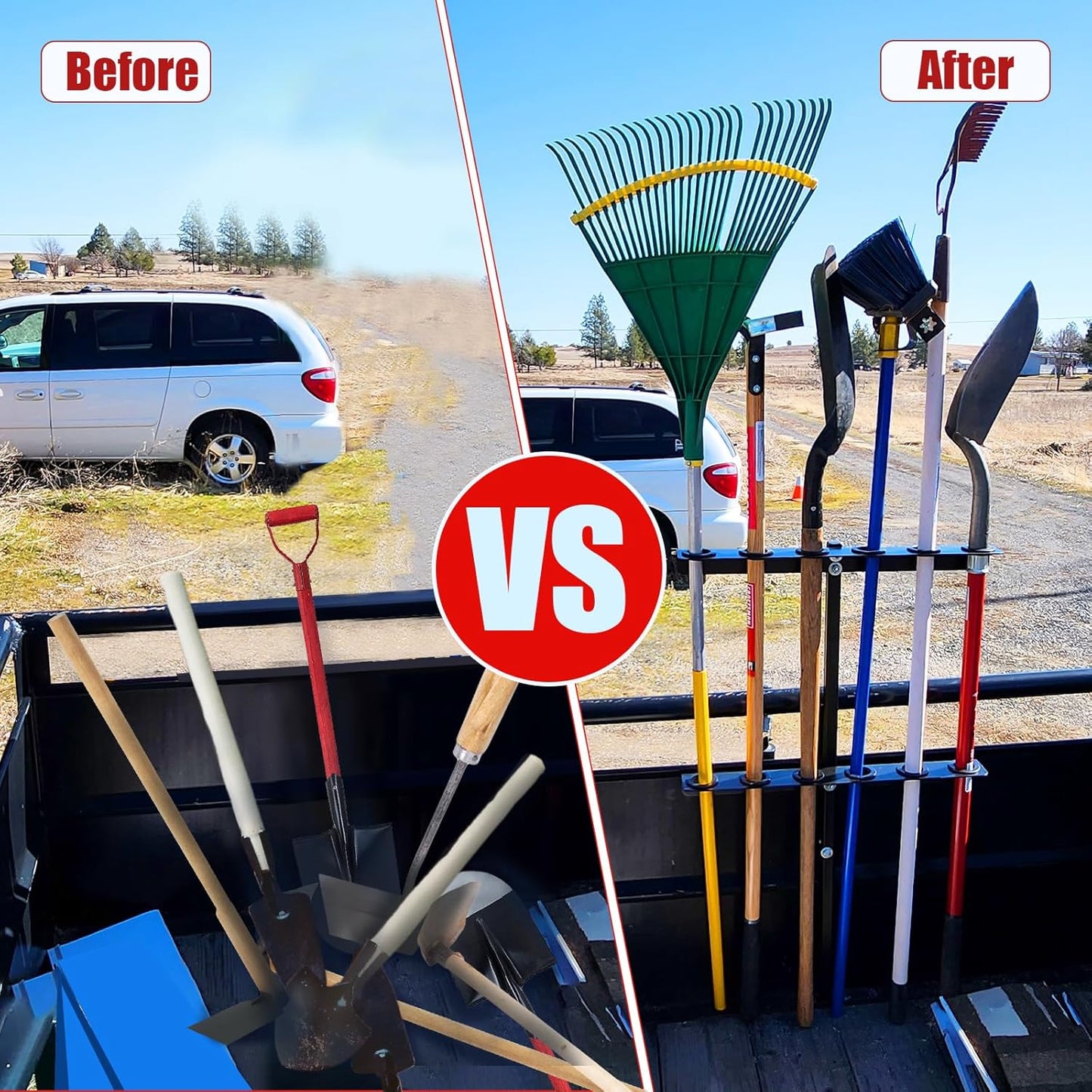 Vertical Hand Rack for Enclosed Landscaping Truck Trailer Garage or Shed Walls Holds 6 Tools for Shovels, Rakes, Hoes, Open Trailer Storage, 1 Pack (Red)