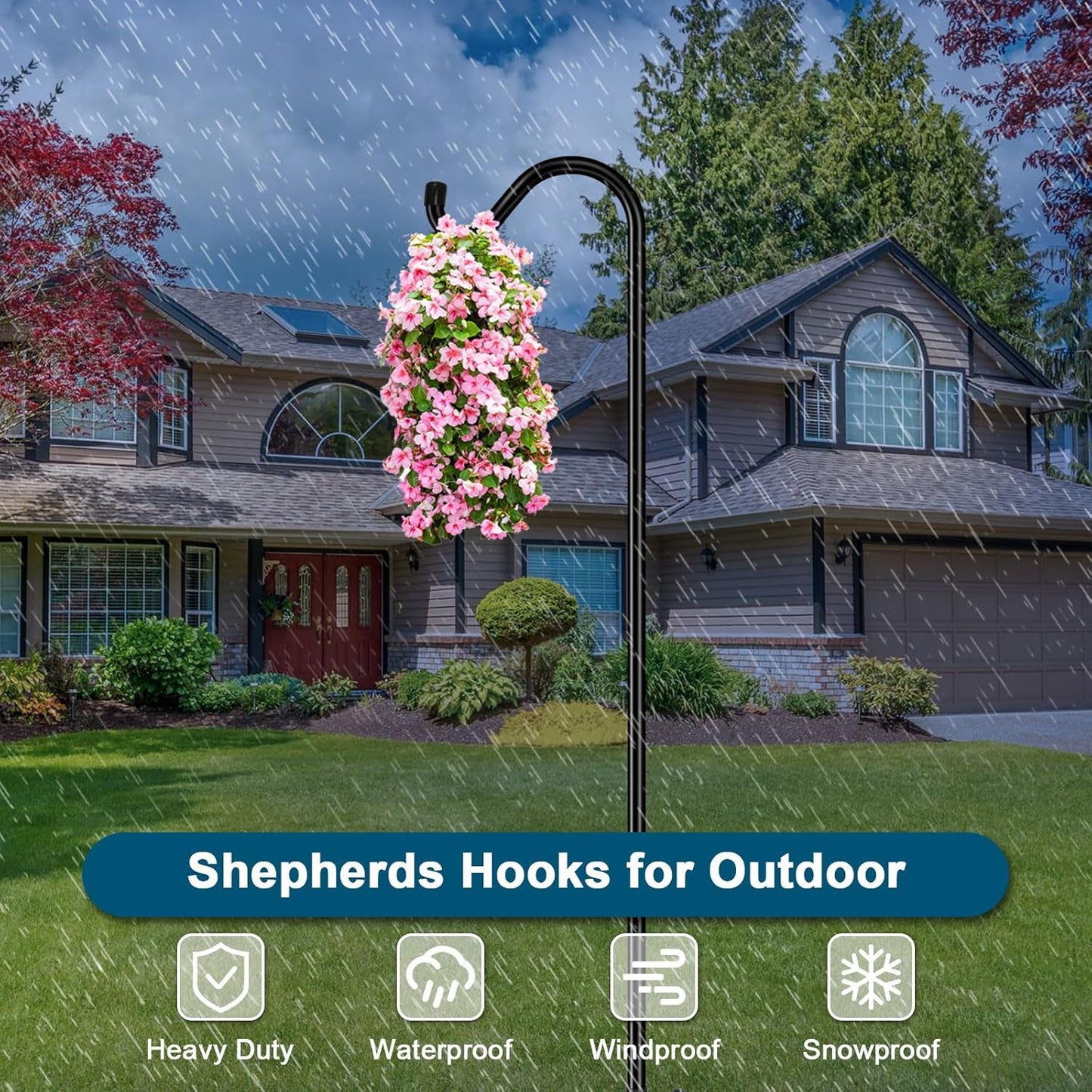 Gtongoko Shepherds Hook for Outdoor, 76 Inch Bird Feeder Pole with 7 Prongs Base, 3/4 Inch Thick Heavy Duty Adjustable Garden Hook for Hanging Plant, Hummingbird Feeder, Lantern, 2 Pack