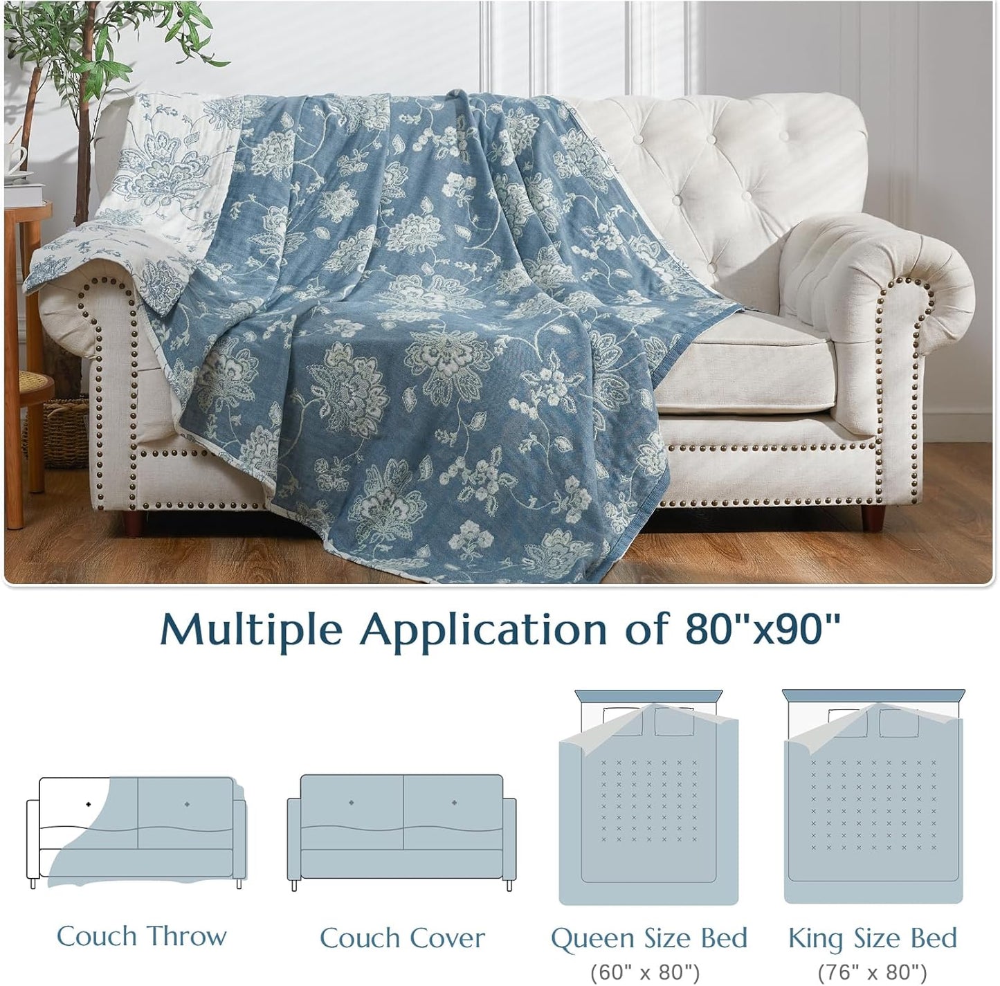 jinchan Boho 100% Cotton Muslin Queen Size 80x90 Inches Blanket Lightweight 4-Layer Quilted Soft Blue and White Floral Throw Blanket Green Accents Reversible Comfy Flower Rustic Summer Couch Bedroom