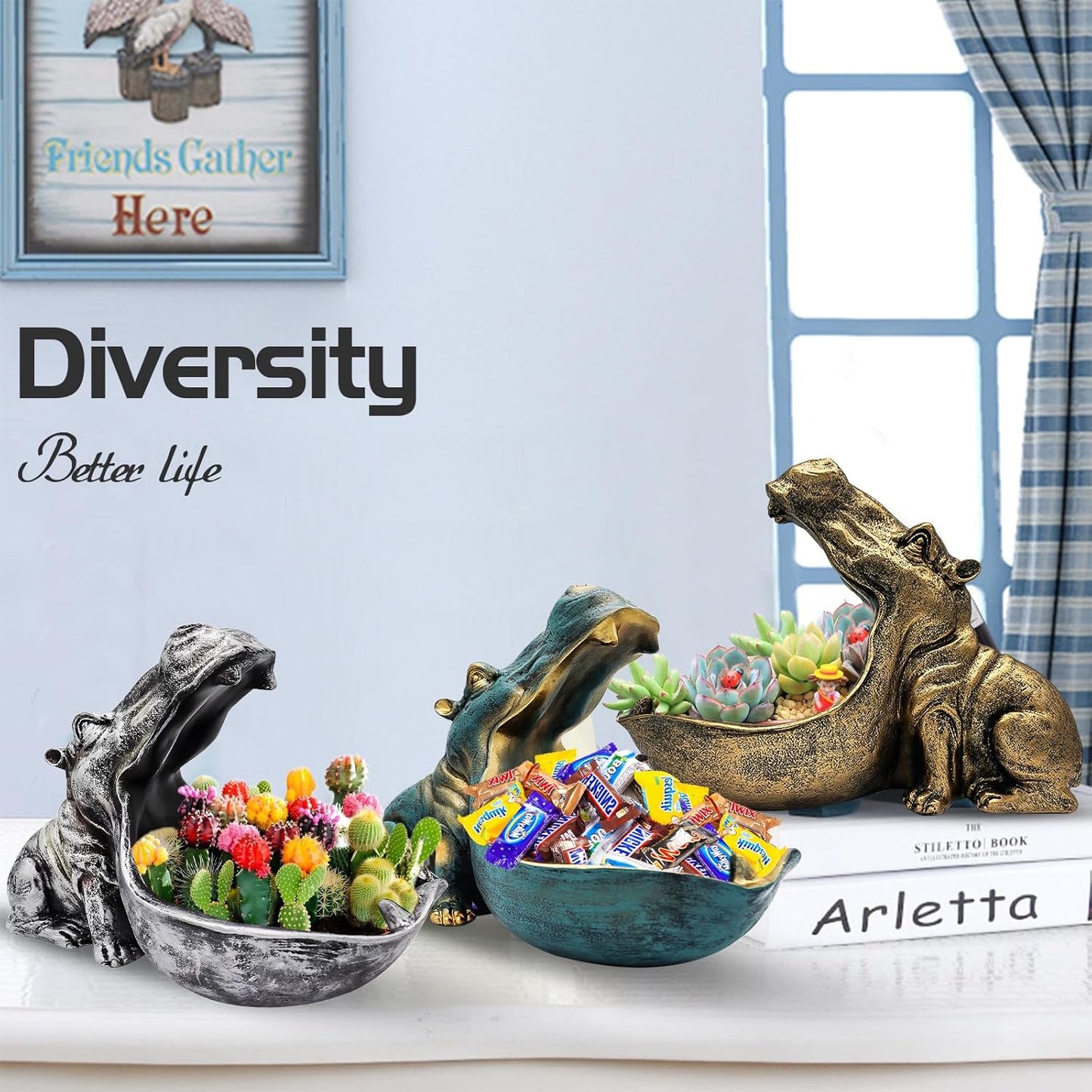 aboxoo Hippo Statue,Large Hippopotamus Figurine Home Sculpture with Resin, Hippo Candy Jar, Candy Dish Bowl for Office Desk, Key Bowl for Entryway Table,Container Storage Art Decor Box(Dark Blue)