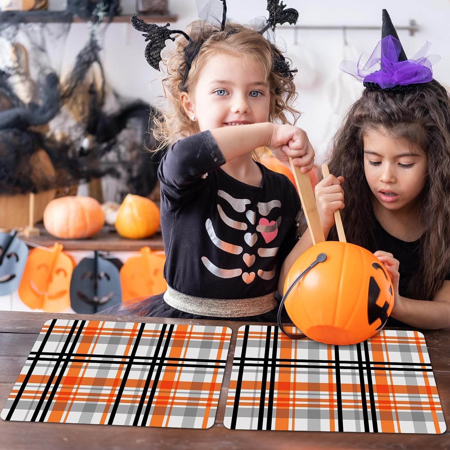 Fall Placemats Set of 6 Fall Orange Black Buffalo Plaid Plastic Table Mats Autumn Thanksgiving Place Mats Halloween Seasonal Table Decoration for Indoor Outdoor Party Kitchen Dining