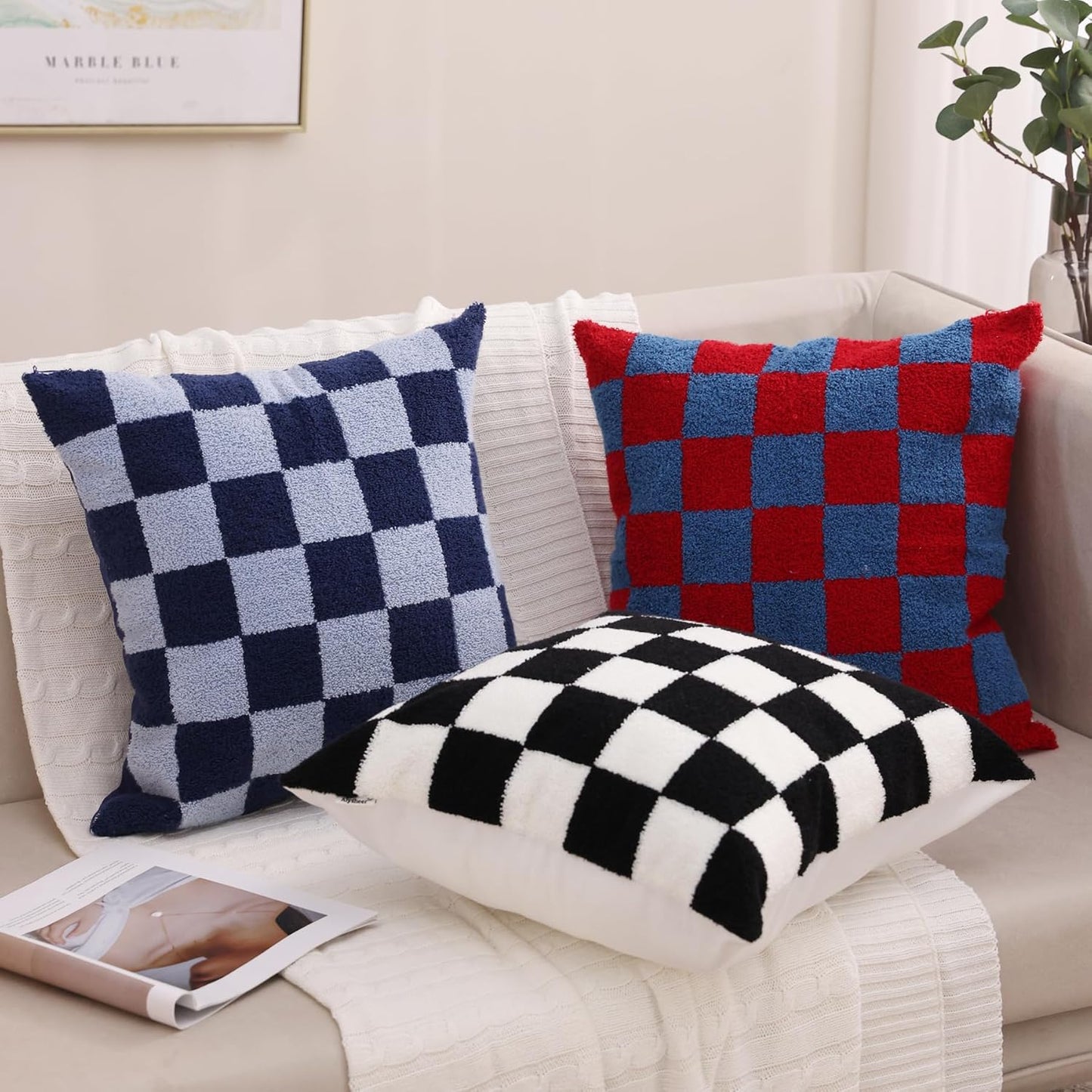 Alysheer Checkered Embroidered Decorative Throw Pillow Covers 18"x 18" Set of 2, Classic Chic Navy Blue Plaid Tufted Patterned Cotton Canvas Cushion Case for Sofa Couch Bed Living Room