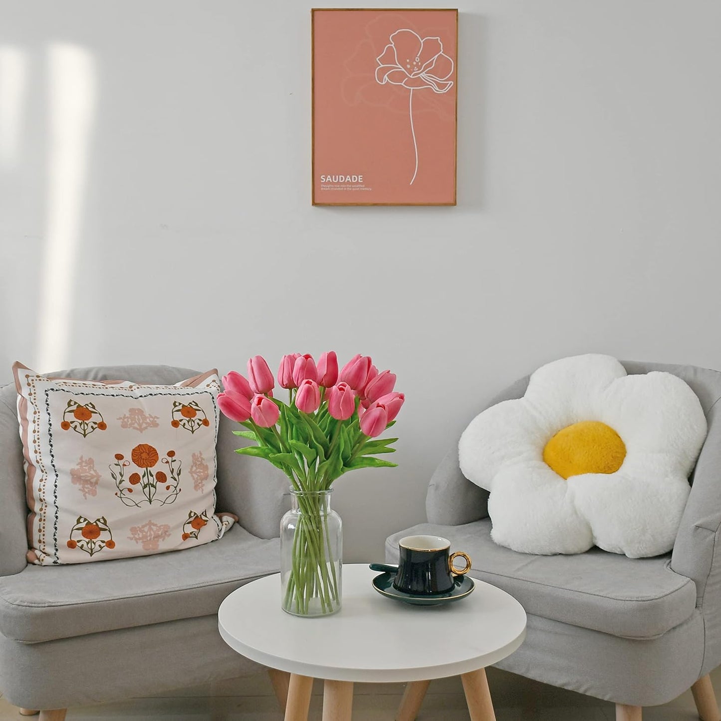 Mandy's Artificial Tulips 20 Stems Pink PU Faux Flowers for Wedding Home Decor 13.5 Inch