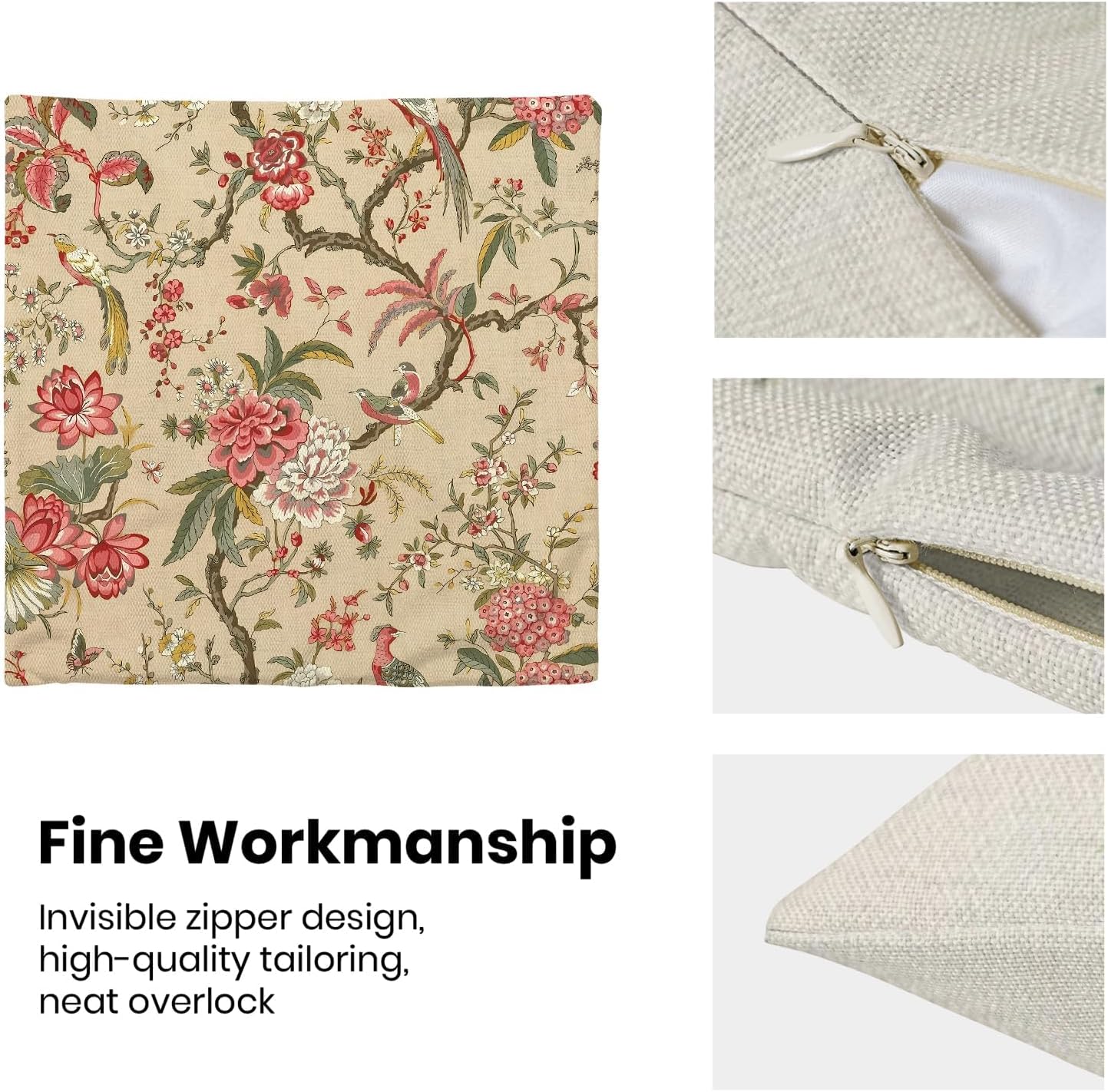 CXMEIFLY Spring Floral Birds Pillow Covers 16 x 16 Inch Set of 2 for Chinoiserie Flowers Decor Throw Pillows Pink Red Plant Outdoor Decorative Cushion Cases for Couch Bed Decorations