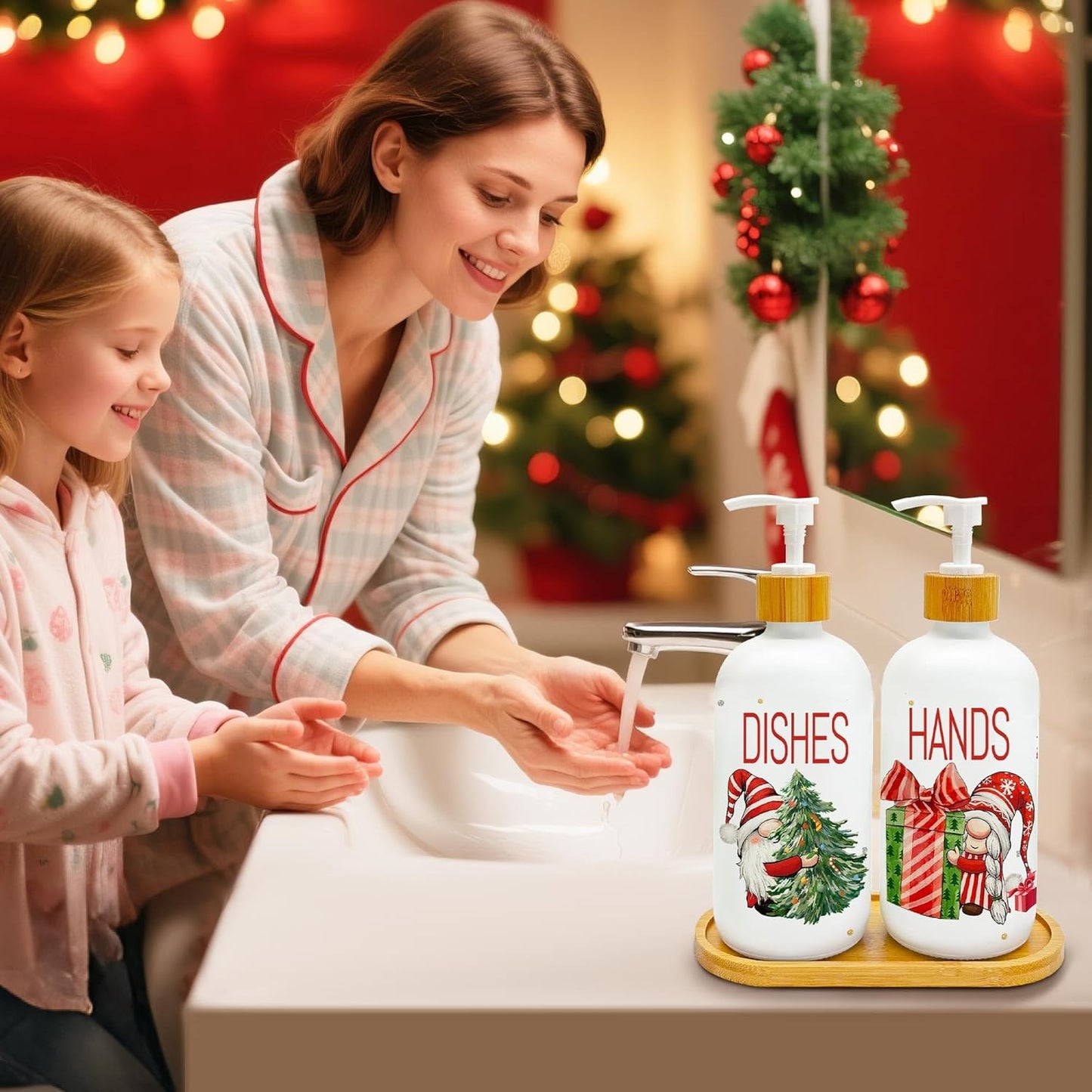 Hexagram Christmas Soap Dispenser Set of 2, Christmas Kitchen Decor, Xmas Gnomes Glass Soap Dispenser for Home Indoor Decorations, Xmas Refillable Lotion Essential Oil Dispensers with Pump