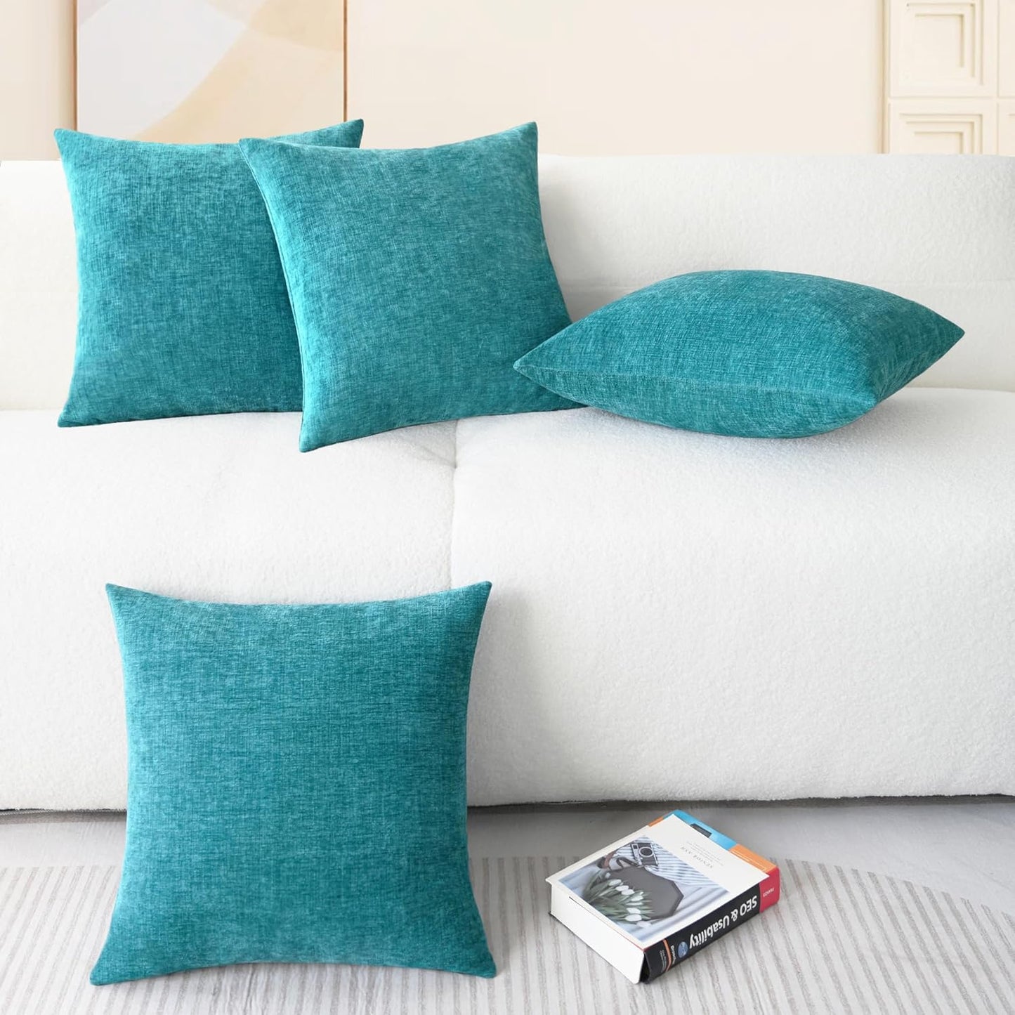 CaliTime Throw Pillow Covers Decorative 18 X 18 Inches Pack of 4 Cozy Chenille Cushion Cases for Couch Sofa Bed Living Room Home Lake Blue