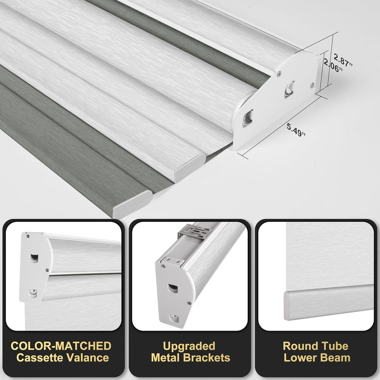 BERISSA Cordless Dual Roller Shades with Cassette Valance,Double Window Shades Blackout and Light Filtering Shades,Day and Night Roller Shades for Home Office Door.Grey and White.50 W x 64" H