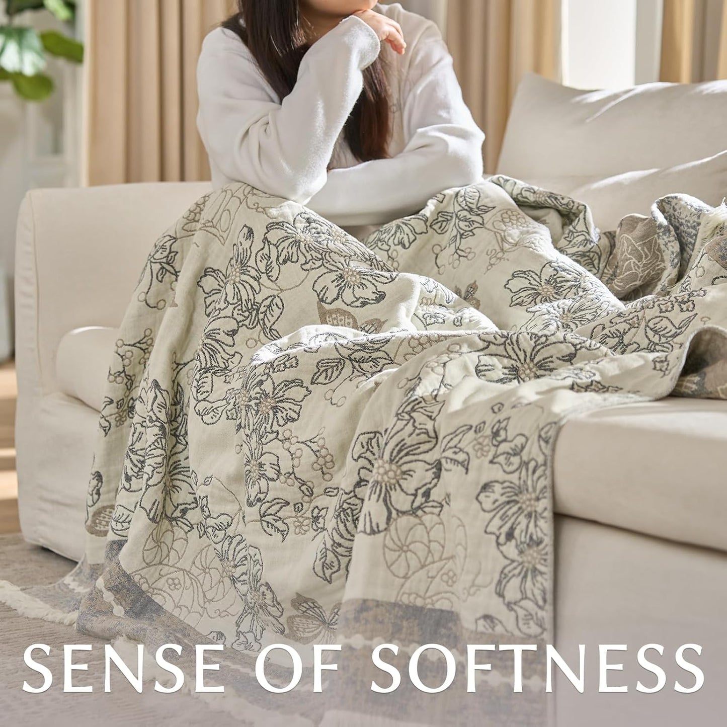 jinchan Boho Floral 100% Cotton Blanket 4-Layer Throw Blanket with Tassel Grey and White Flower Butterfly Soft Luxury Rustic Farmhouse Decor Blanket for Couch Bed 80x90 inch All Season Gift for Women