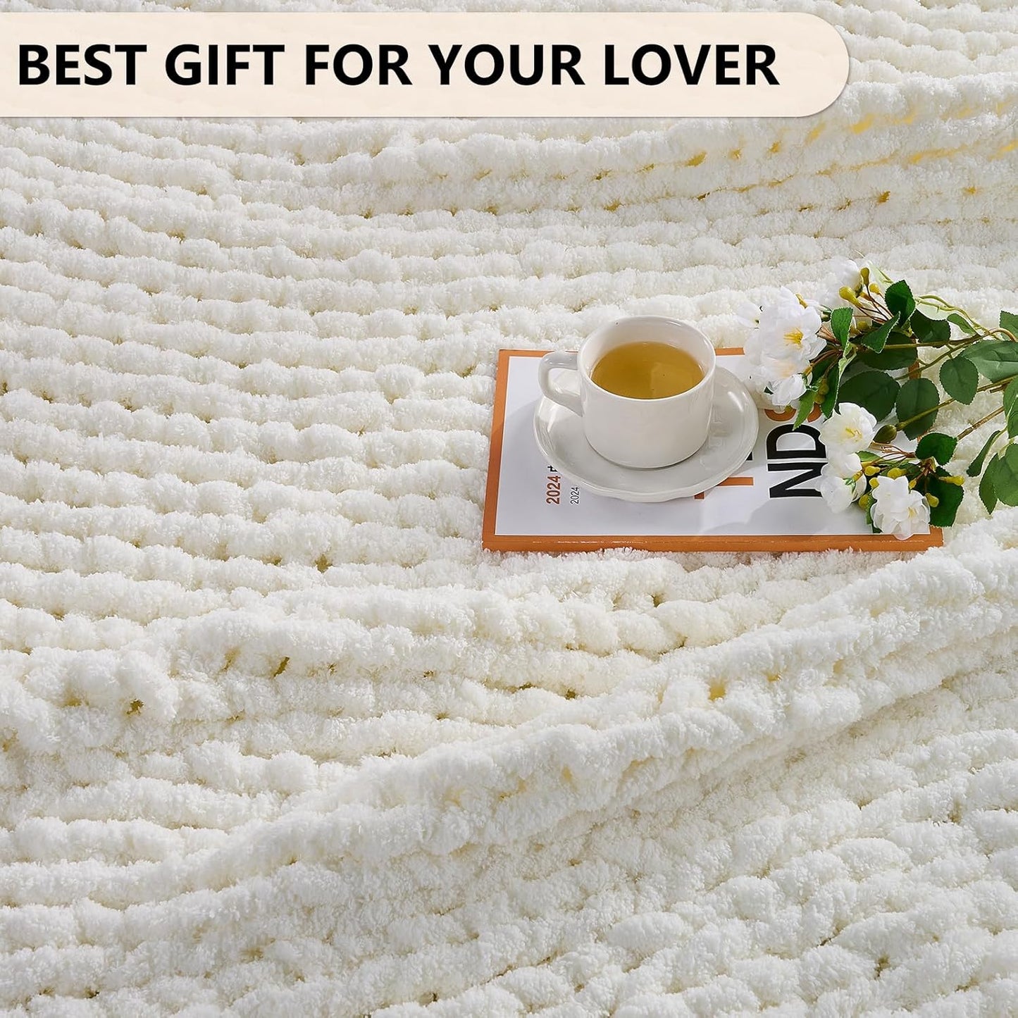 L'AGRATY Chunky Knit Blanket Throw: Soft Chenille Yarn Throw Blanket 60x80 - Handmade Thick Cable Crochet Blanket - Large Chunky Rope Throw Blanket for Couch Sofa Bed Home Decor(Cream White)