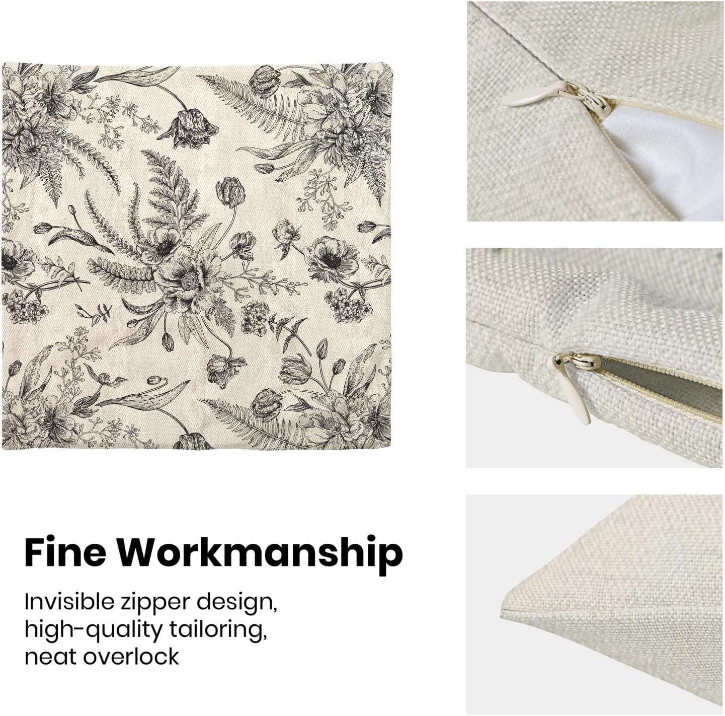 CXMEIFLY Spring Floral Leaves Pillow Covers 20 x 20 Inch Set of 2 for Chinoiserie Flowers Decor Throw Pillows Black and White Seasonal Plant Outdoor Decorative Cushion Cases for Couch Bed Decorations