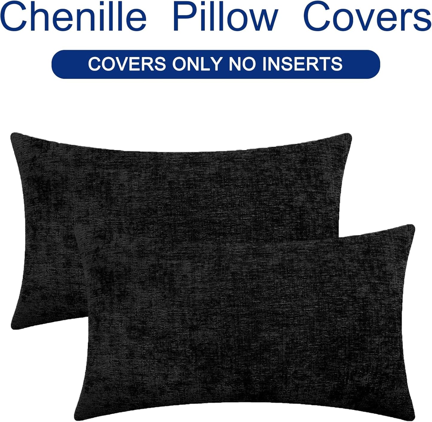 CaliTime Throw Pillow Covers Decorative 16 X 26 Inches Pack of 2 Cozy Chenille Cushion Cases for Couch Sofa Bed Living Room Home Black
