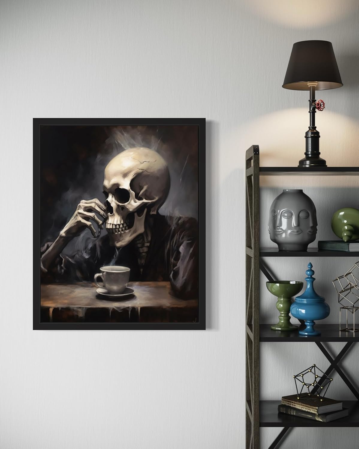 Skull Drinking Coffee Poster Art Print, Halloween Scary Vintage Wall Art Academia Spooky Painting Decoration for Horror Prints, Gothic Posters Bedroom Decor 89 (Skull Drinking Coffee, 16 x 20 inches, Unframed)