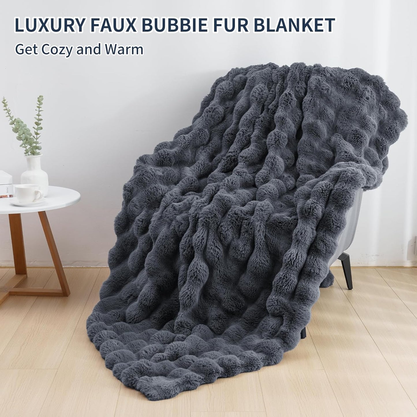 Cozy Faux Fur Throw Blanket for Bed-Warm Fuzzy Throw Blanket, Soft Plush Thick Bubble Blankets for Bedroom and Living Room, Furry Luxury Blanket, 90 x 90, Grey