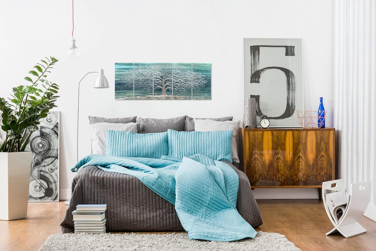 Yihui Arts Large Metal Wall Art Handcrafted Aesthetic Tree Pictures on Aluminum 5 Panels Teal and Silver Abstract Landscpae Artwork for Living Room Bedroom Dinning Decor