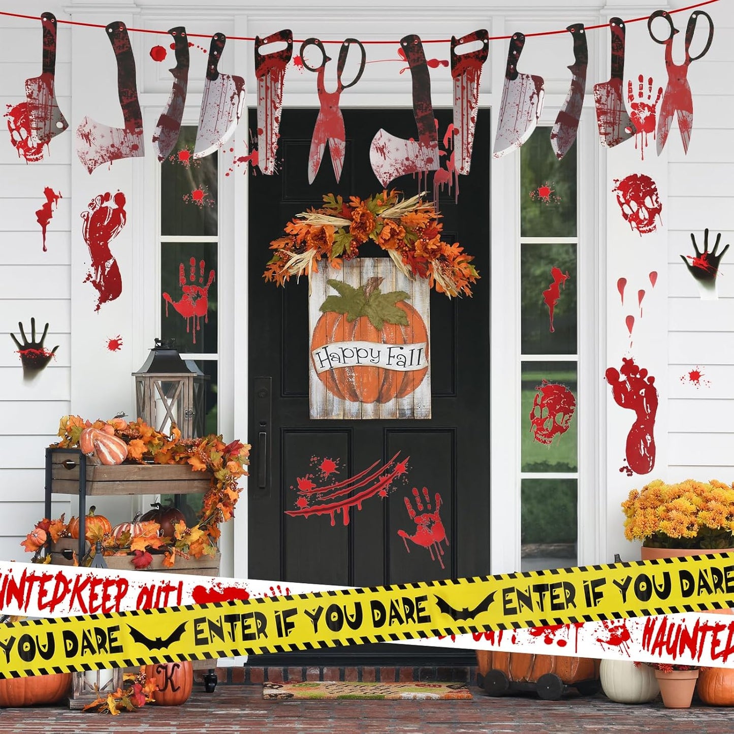 Halloween Decorations, 5 Sheets Wall Decals-Bloody Handprint Stickers, 2 Pack Halloween Banners and 2 PCS Caution Tape Rolls 3inx30ft for Haunted Mansion, Outdoor, Indoor, Party Decor