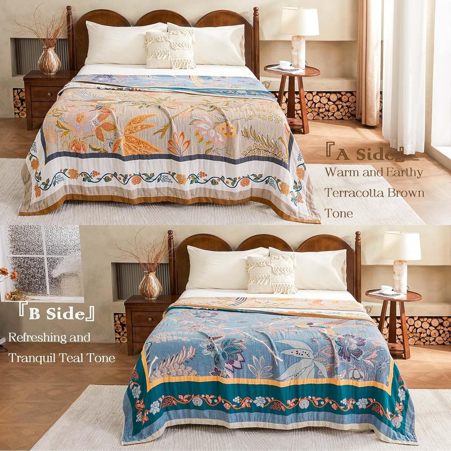 Boho Blanket, 100% Cotton Farmhouse Decorative Throw Blanket, 90"x98" Reversible Bohemian Throw Blanket, Brown All Season Muslin Breathable Woven Blankets Quilt