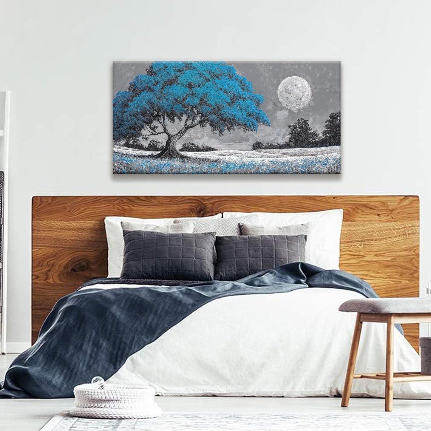 TAIJXAGSG Wall Art For Living Room Blue Tree Moon Canvas Art Wall Print Decor Artwork Print Painting 24" X 48" Modern Wall Art Picture For Bedroom Modern Salon Kitchen Office Home Wall Decor