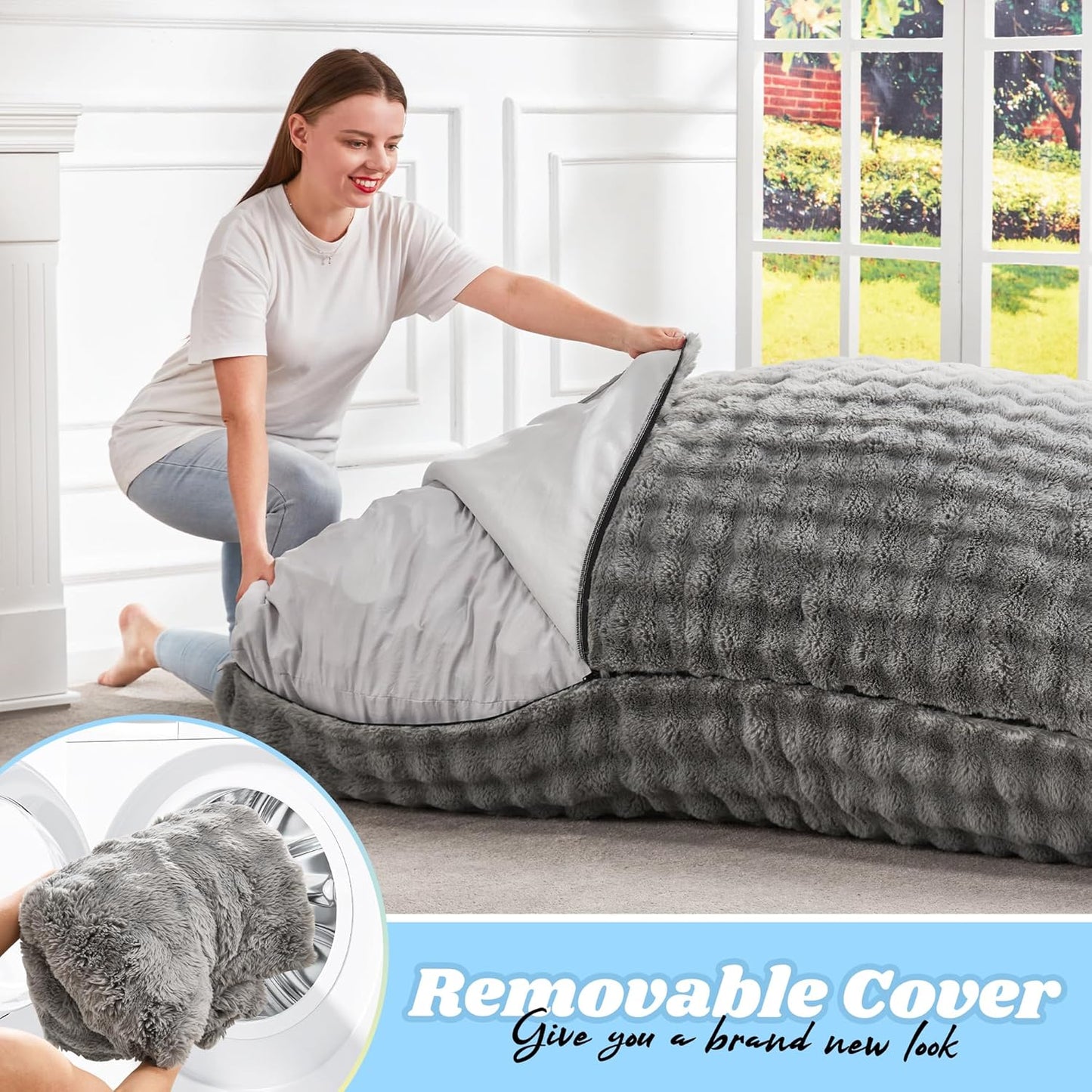 Hobestluk 3 in 1 Bean Bag Chair Giant Bean Bag Chairs for Adults with Bubble Cover Convertible Bean Bag Floor Cushion with Machine Washable Cover for Living Room (Bubble Grey)