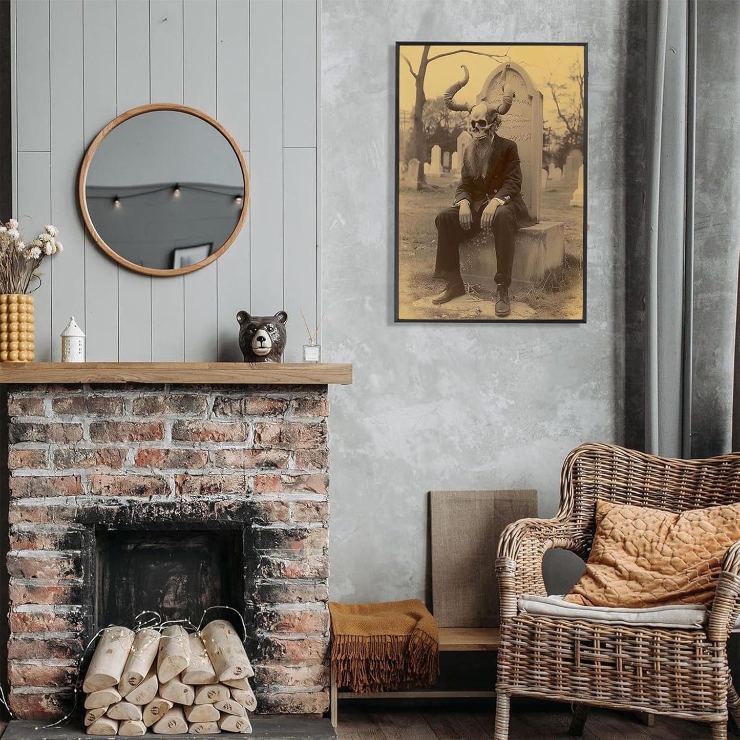 Skeleton Halloween Forest Occult Poster Vintage Spooky Canvas Wall Art Gothic Room Decor Dark Academia Bedroom Decorations Creepy Skull Prints Picture Aesthetic 16X24inch Aluminum Framed