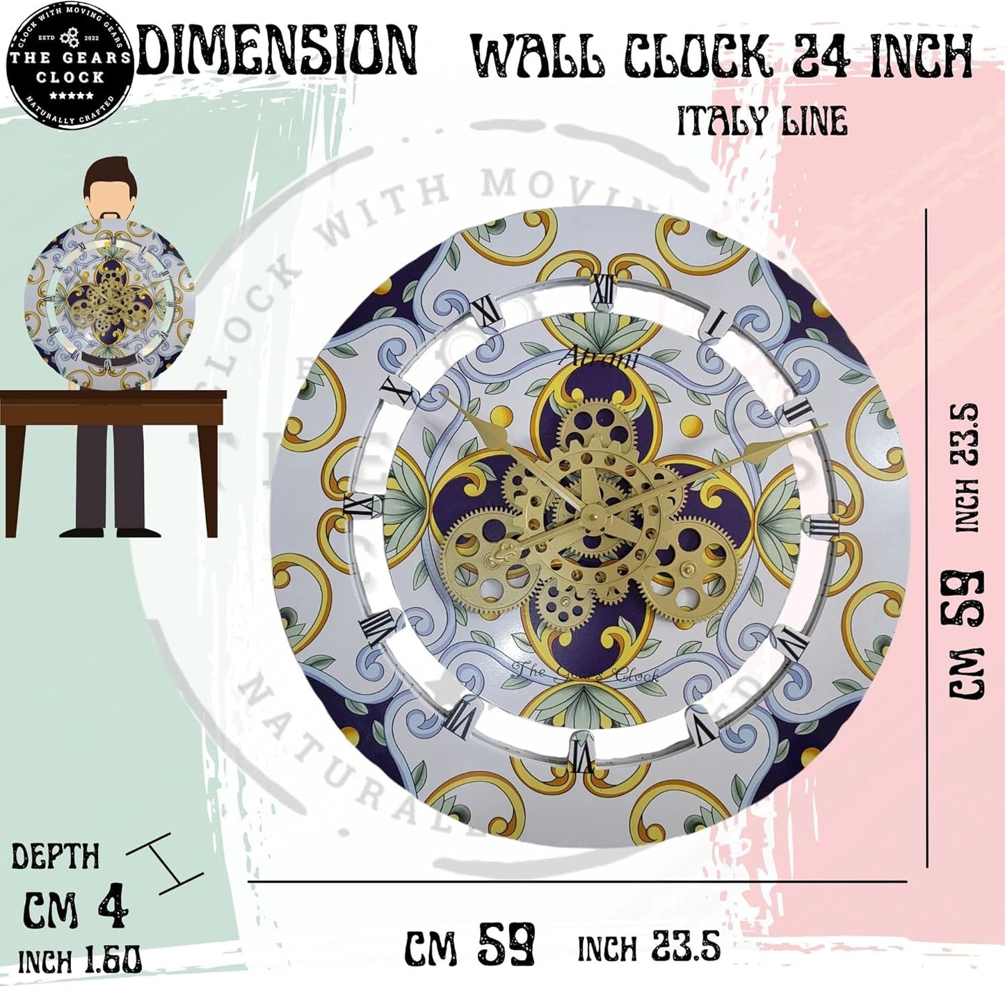 The Gears Clock Wall Clock Italy Collection with Moving Gears (Vietri, 24 inch Round)