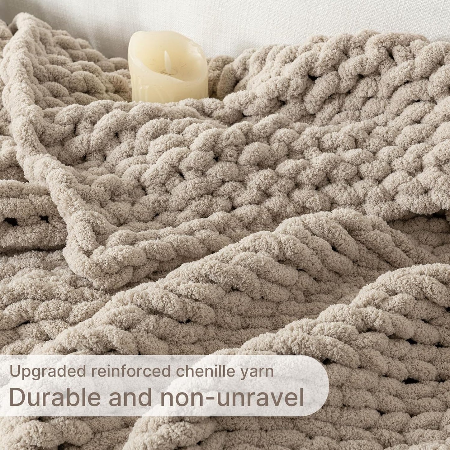 Chunky Knit Blanket Throw, 100% Hand Knit Throw Blanket Handmade Chenille Cable Knit Throw for Couch, Stylish Cozy Soft Rope Knot Crochet Blanket for Home Decor, Beige Linen, 60x80 Inches