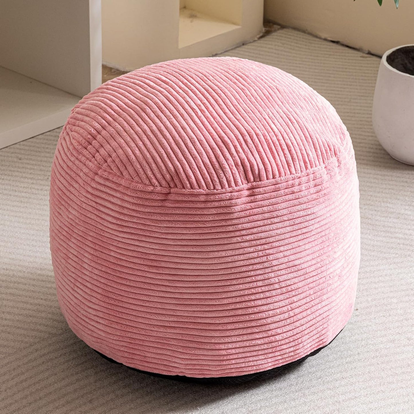 HIGOGOGO Round Stuffed Pouf Ottoman, Corduroy Poufs with Foam Chunk Filling, Furry and Fluffy Pouf Foot Stool Storage Ottoman, 20 X 15 Floor Poufs Foot Rest for Living Room, Pink