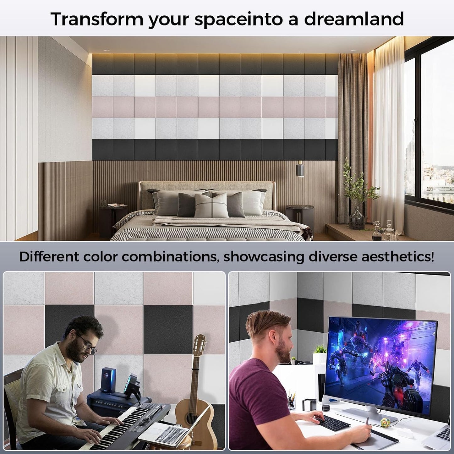 10 pcs 165dtex Microfiber Acoustic Panels ,Self-Adhesive Soundproof Wall Panels, 12 x 12 x 0.4 in Sound Proof Foam Panels for Walls, High Density, Noise Dampening Panels for Home Studio(White)