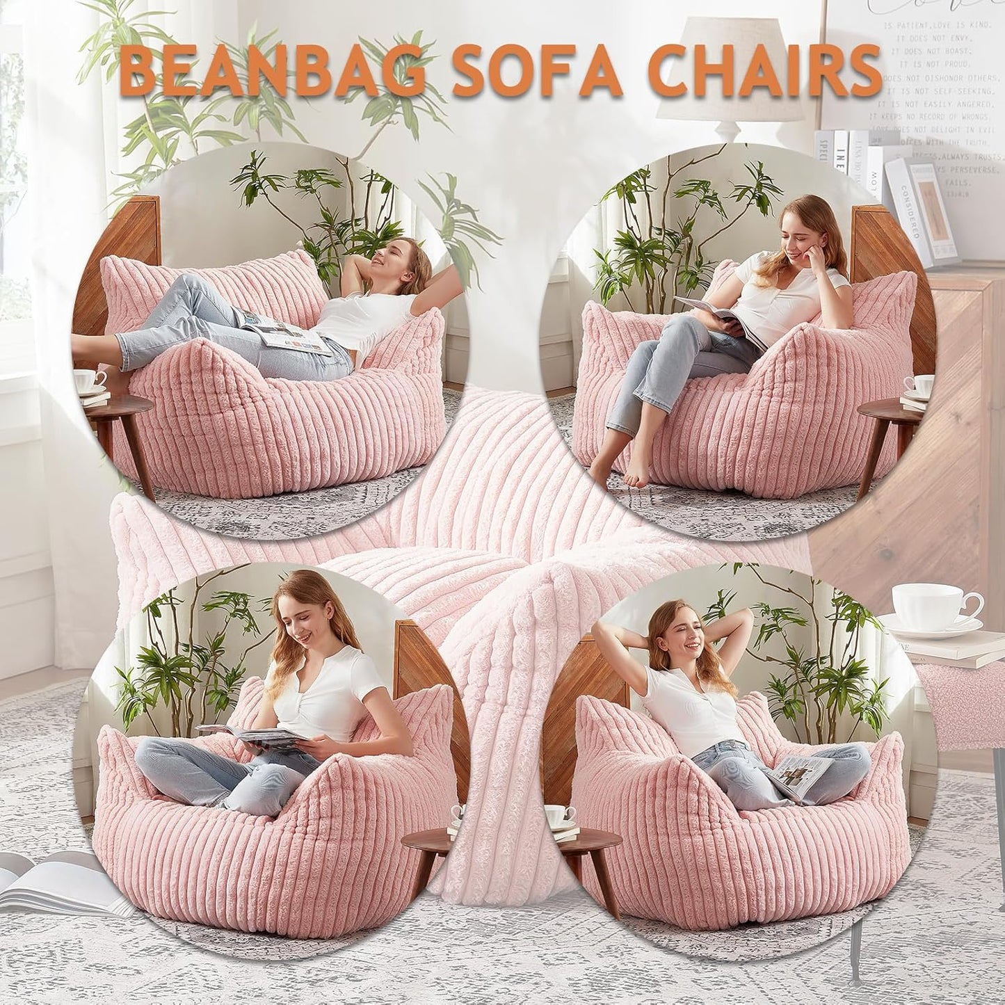 Giant Bean Bag Chairs for Adults with Filling Plush Fluffy Bean Bag Chairs for Teens with Armrests Comfy BeanBag Lazy Couch Sofa Chair for Bedroom Living Room Reading