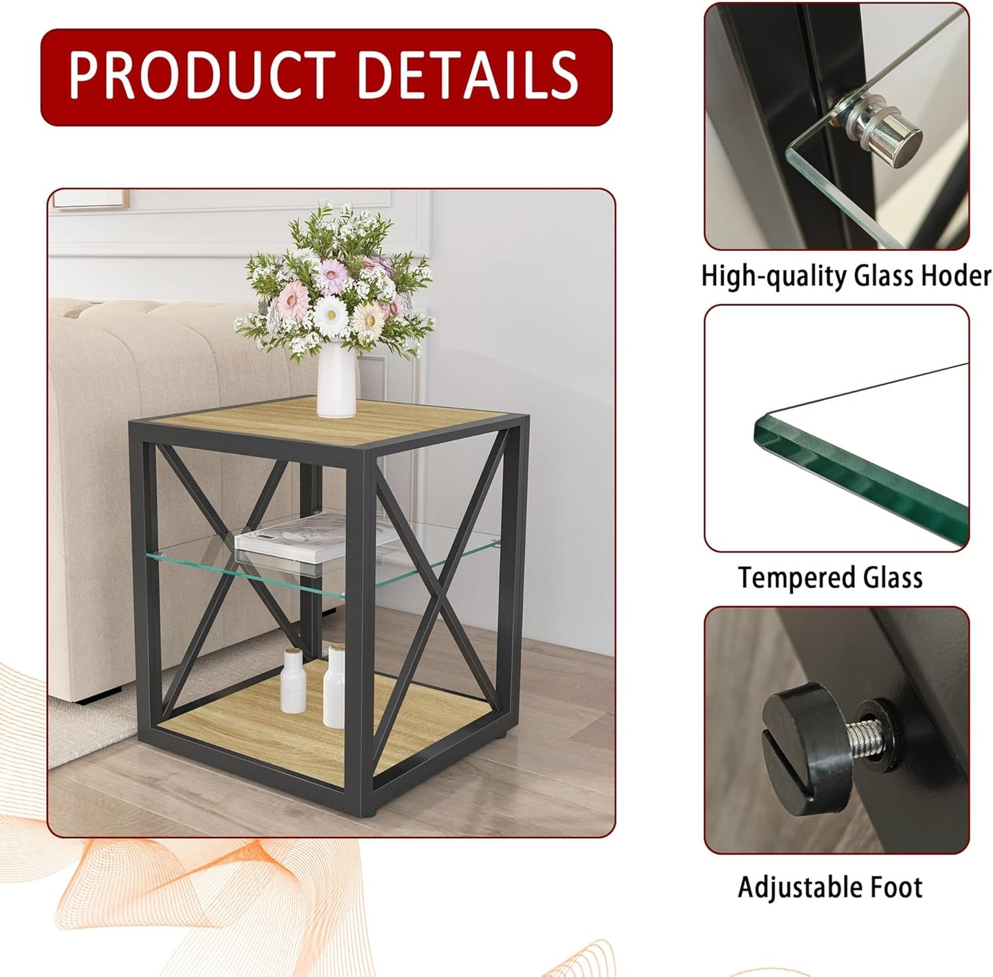 Farmhouse End Table Set of 2, Modern Side Table with 3-Tier Storage Shelf, Square Rustic Nightstand, Accent Tea Table, for Bedroom Office Living Room, Brown, Natural Wood, Glass, Metal