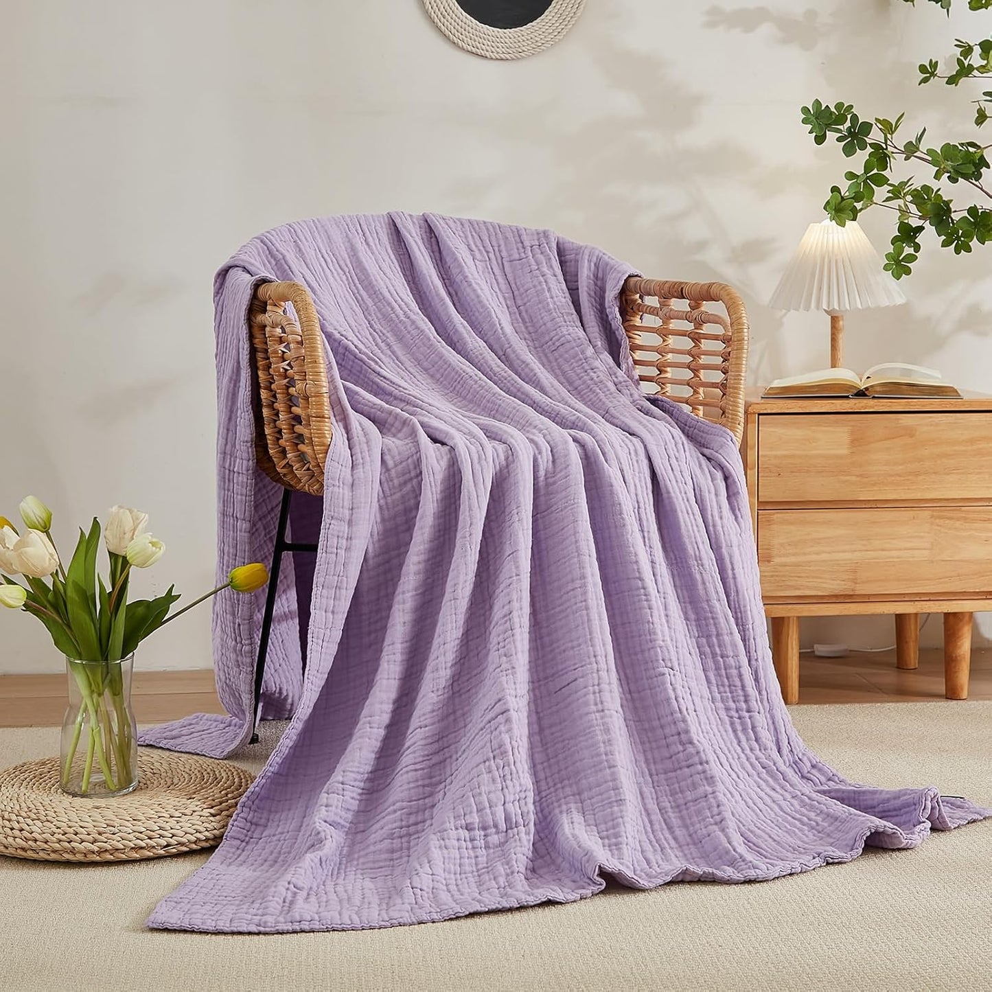 EMME Cotton Blanket Queen Size for Bed Soft Large Muslin Bed Blankets 80"x90" Lightweight Breathable All Season Gauze, Lavender