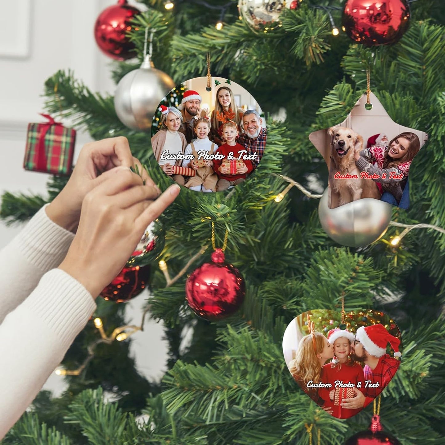 Personalized Christmas Ornaments with Photo 2025 Custom Picture Text Ornaments for Christmas,Double-Sided Ceramic Customized Xmas Tree Decor for Family Couples Dogs,Star