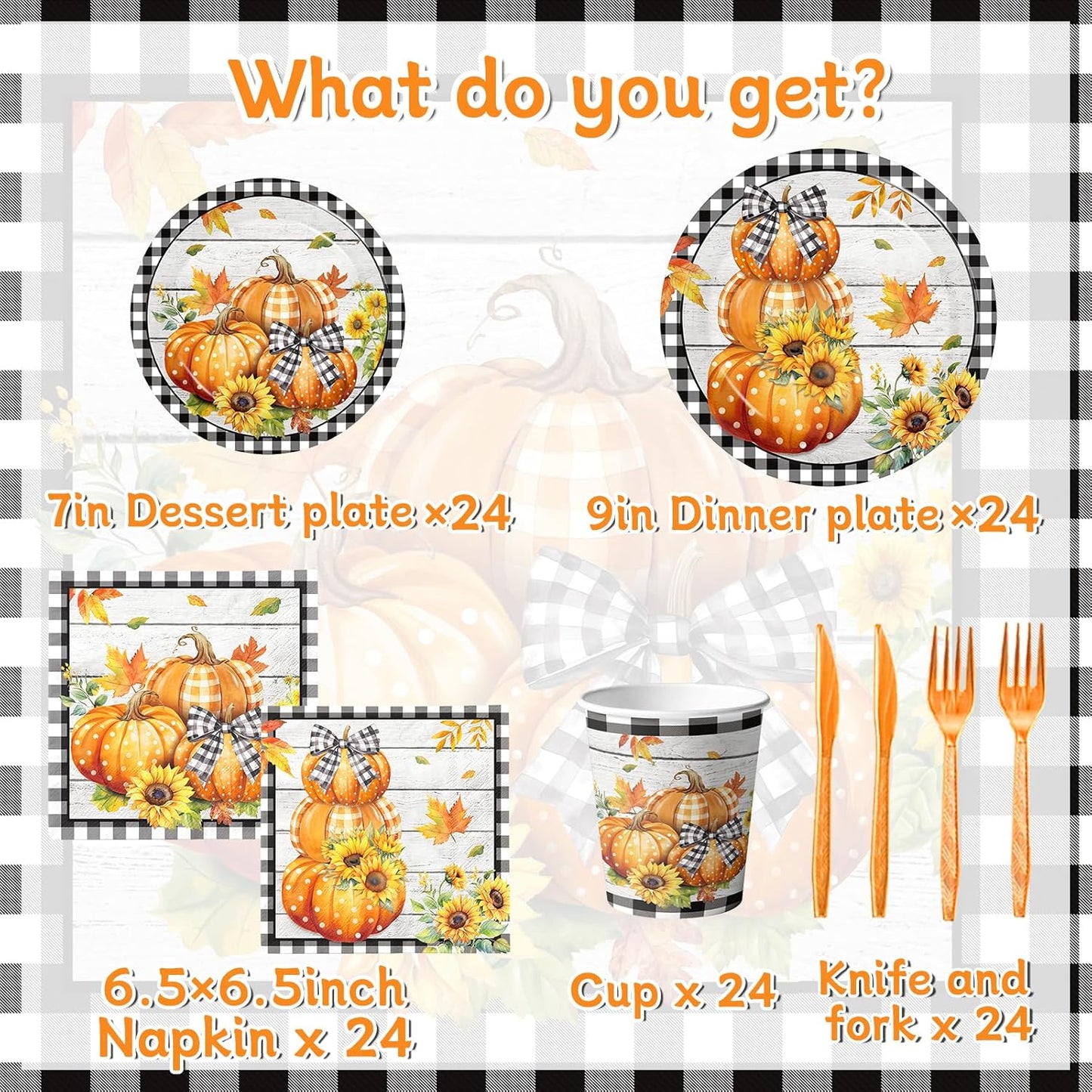 Fall Party Decorations,144Pcs Fall Thanksgiving Tableware Set Includes Plates,Napkins,Knife,Fork Black and White Buffalo Plaid Pumpkin Theme Decorations for Autumn Harvest,Thanksgiving Day