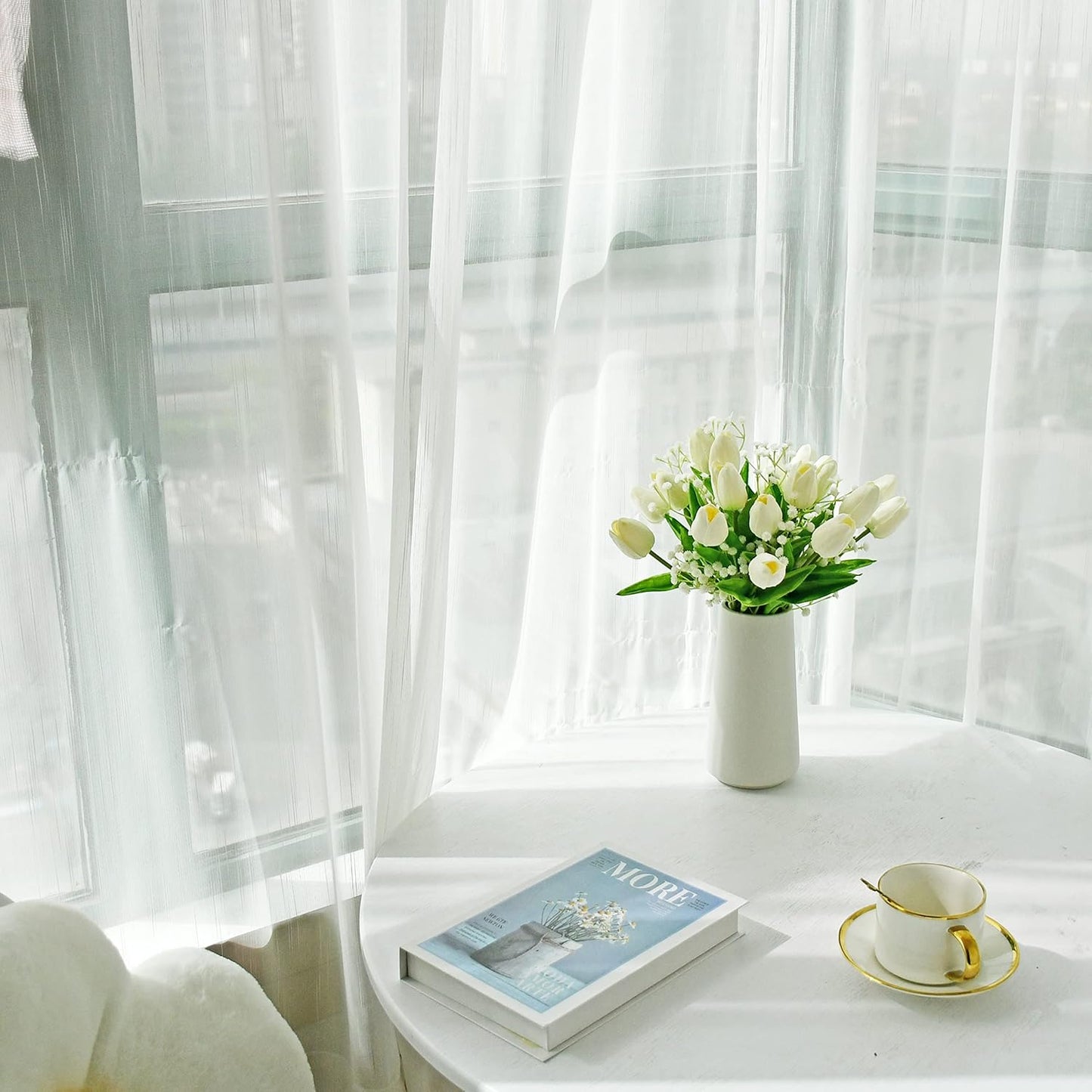 Mandy's Artificial Tulips 20 Stems White with 3pcs White Baby's Breath PU Faux Flowers for Wedding Home Decor 13.5 Inch