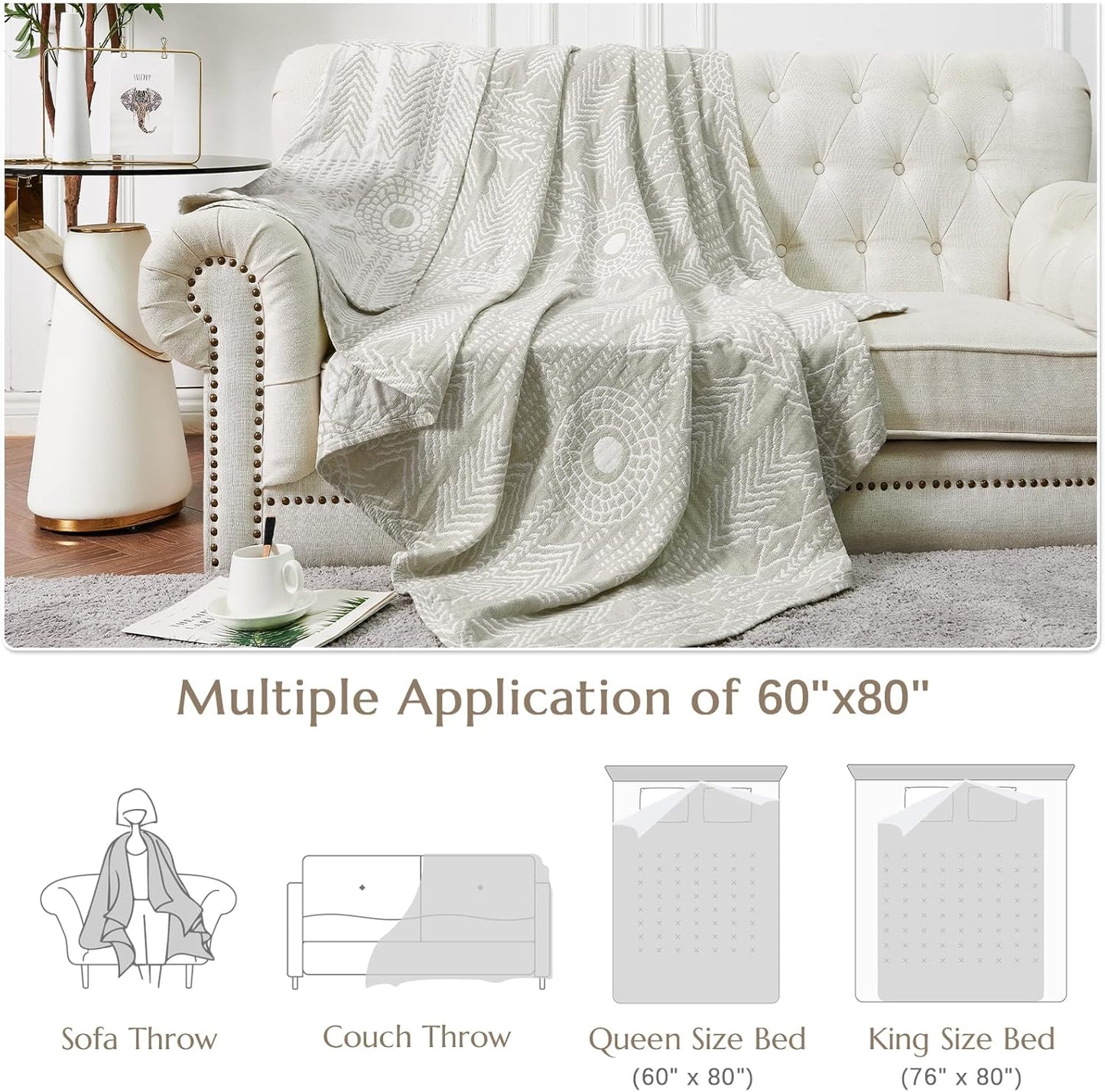 JINCHAN Boho 100% Cotton Muslin Blanket 3-Layer Twin Size Geometric Lightweight Reversible Soft Cozy Throw for Couch Sofa Bed All Season Coverlet Gift Bedroom Living Room Decor Light Grey 60x80 Inches