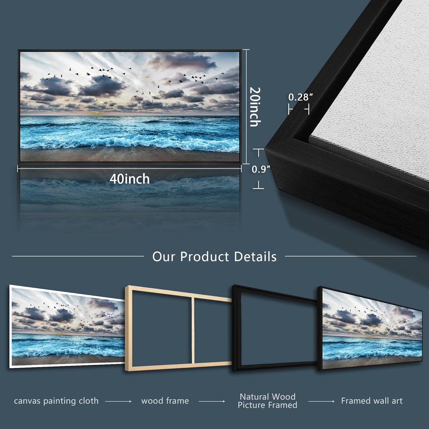 Wapluam Black And White Beach Wall Painting Black Framed Canvas Wall Art For Living Room Wall Decoration For Bedroom Office Wall Decor Blue Sea Wave Pictures Artwork Modern Hotel Room Home Wall Art